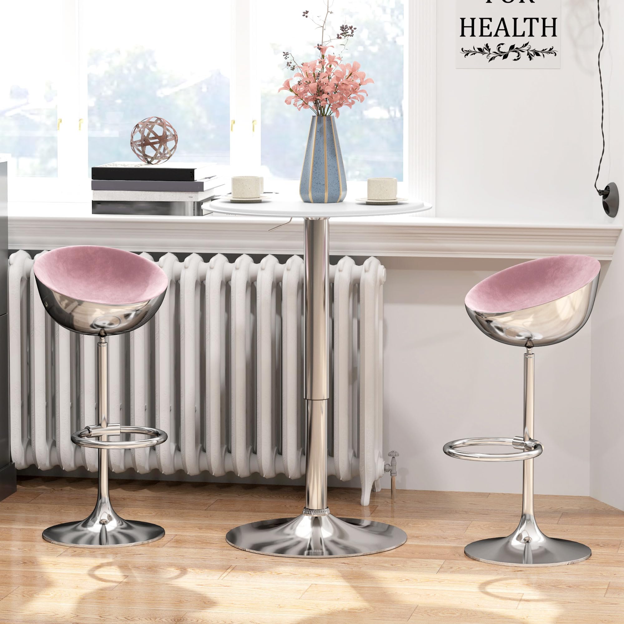 HOMCOM Mesa de Bar Redonda Ajustable en Altura 67-93 cm, Mesa Alta de Bar, Tablero Ø63 cm y Giratorio 360°, con Base Redonda de Metal Cromado, para Bistró, Cocina Comedor, Blanco