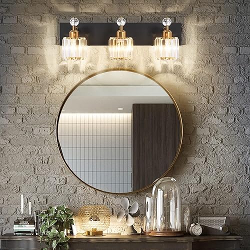 Miniatura 2 de PRESDE Luces de tocador de baño de cristal de 3 luces negras y doradas para baño sobre espejo, iluminación moderna de pared de baño