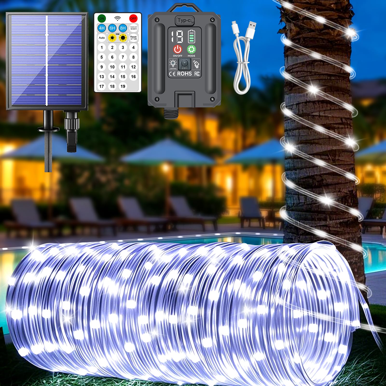 Tira de luces solares mejoradas para exteriores, 500 LED, 170 pies, 19 modos, luces solares y recargables por USB, con temporizador remoto, regulable, impermeable, para jardín, camping, camino
