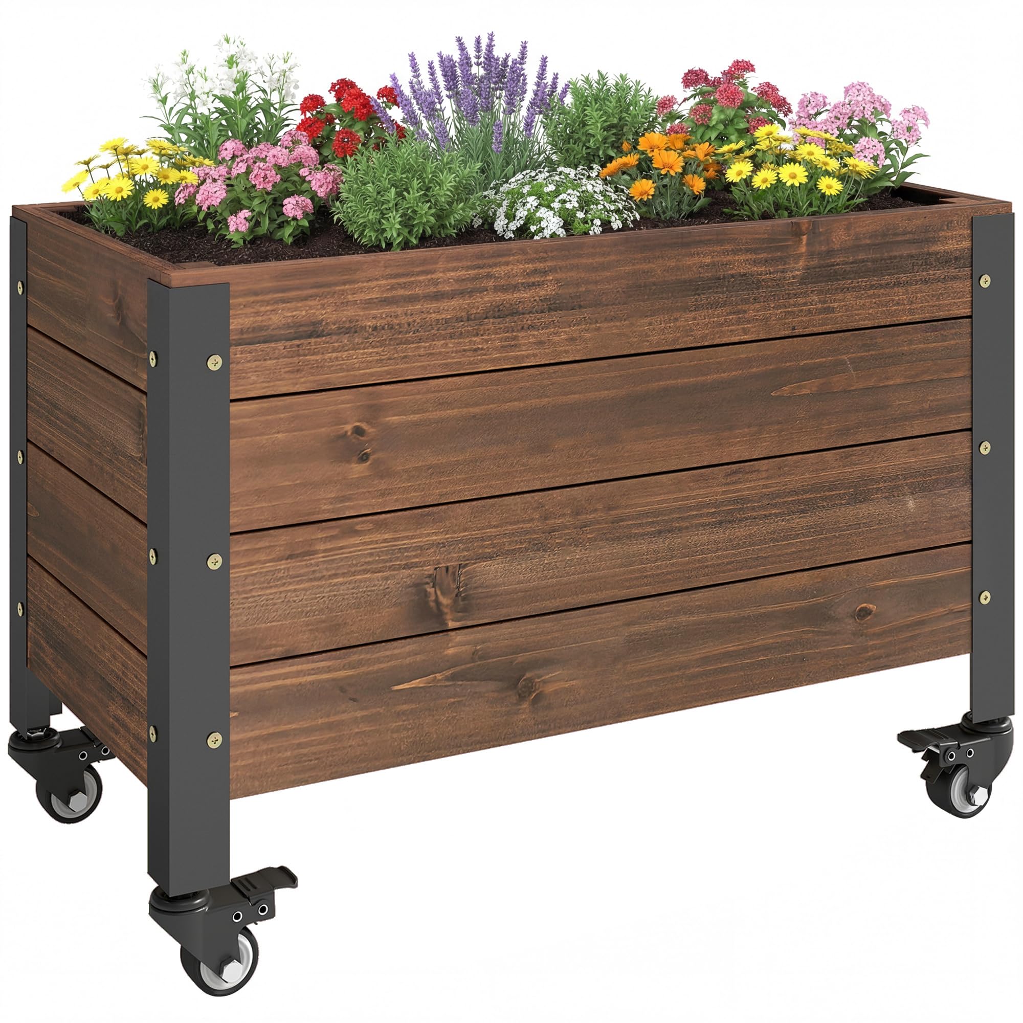 Outsunny Jardinière surélevée en Bois avec Roues, carré Potager de Jardin rectangulaire, Pot de Fleurs extérieur pour Herbes aromatiques et légumes, 60 x 30 x 41 cm, Marron