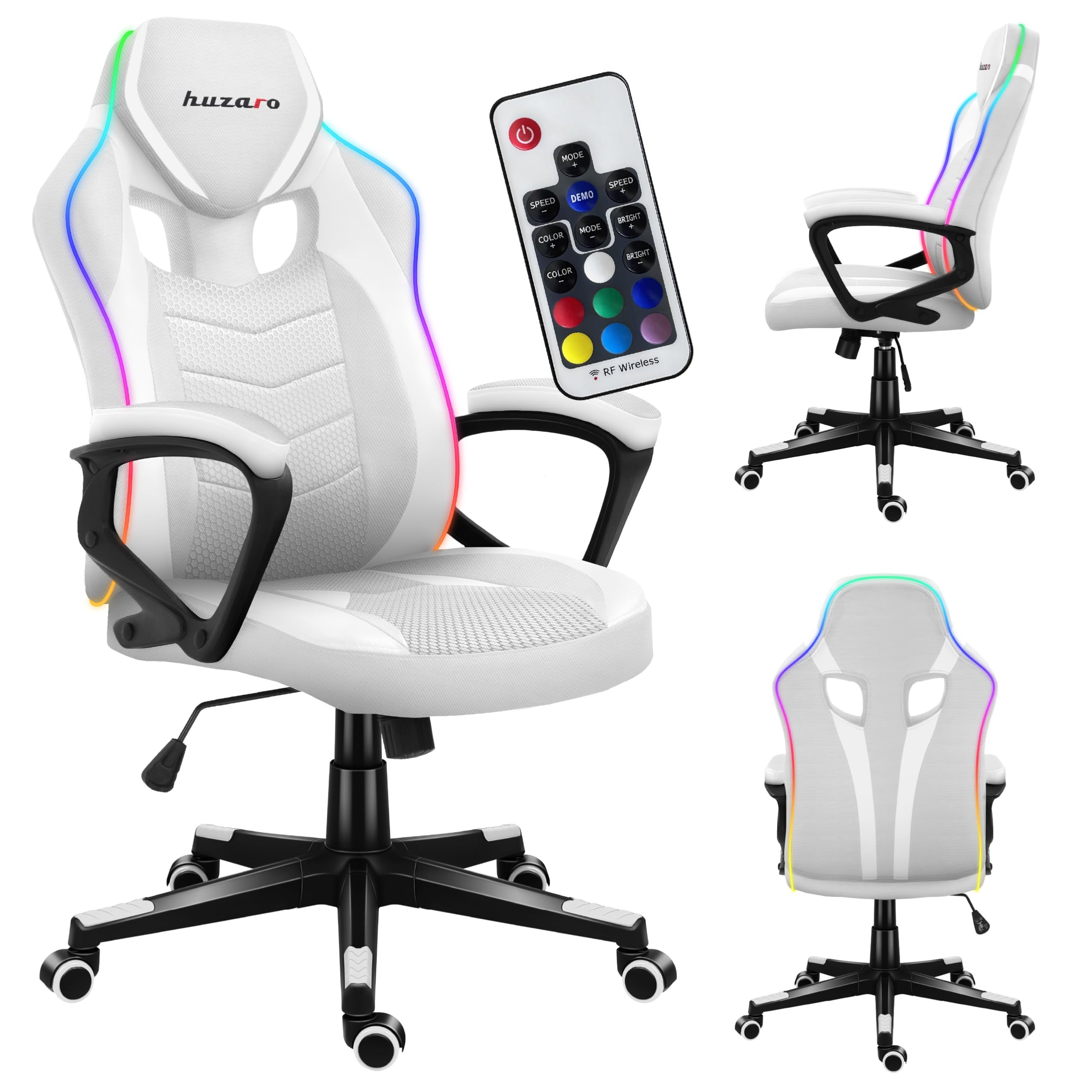 huzaro Wytrzymałość 2.5 RGB białe – krzesło do gier LED | oddychająca tkanina o dużej siatce | komfortowe podłokietniki | SoftFlex | nachylenie 135°| USB | wzmocniona podstawa | Ergonomiczny fotel dla