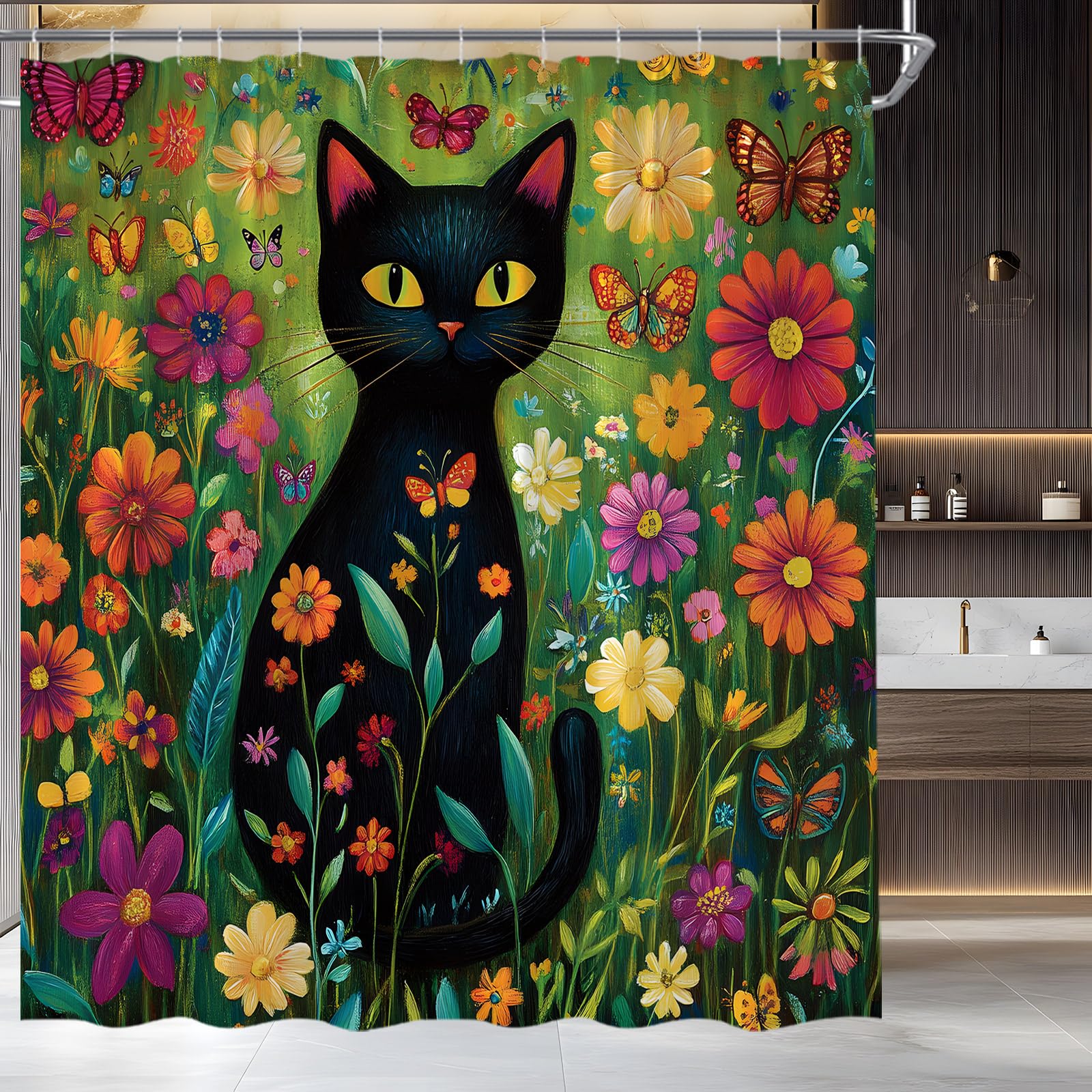 KTGHA Black Cat Shower Curtain Boho Floral Cute Pet Cats Flowers Girls Chic Aesthetic Design Polyester Fabric Bathroom Decor Set with Hooks(70" WX70 H