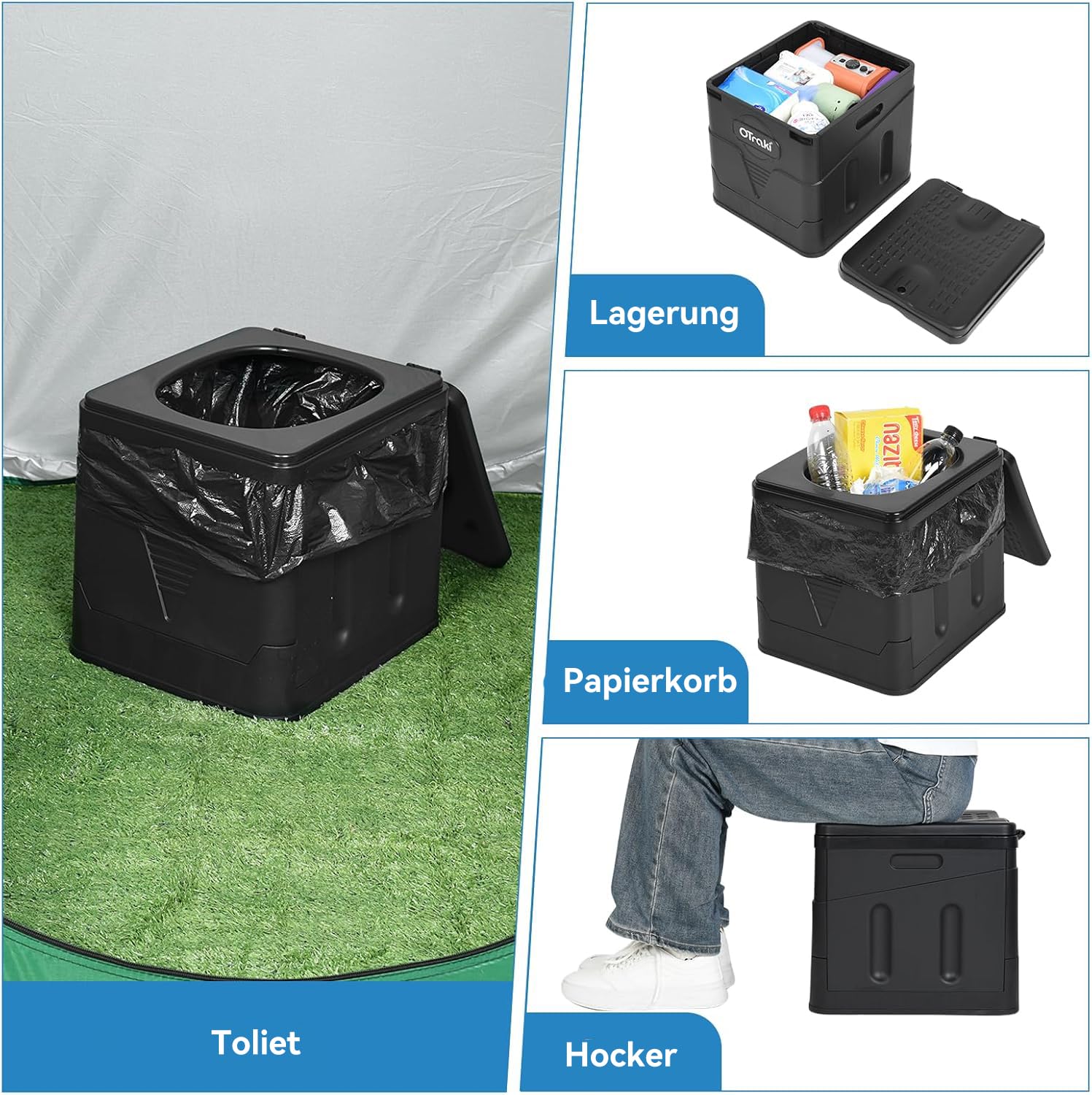 OTraki Campingtoilette Faltbar Mobile Trenntoilette mit 12 Toilettenbeuteln Stabil Camping WC Kompakt Toilette Die Mobile Toilette für Outdoor Camping, Festival, Stau, Zelten