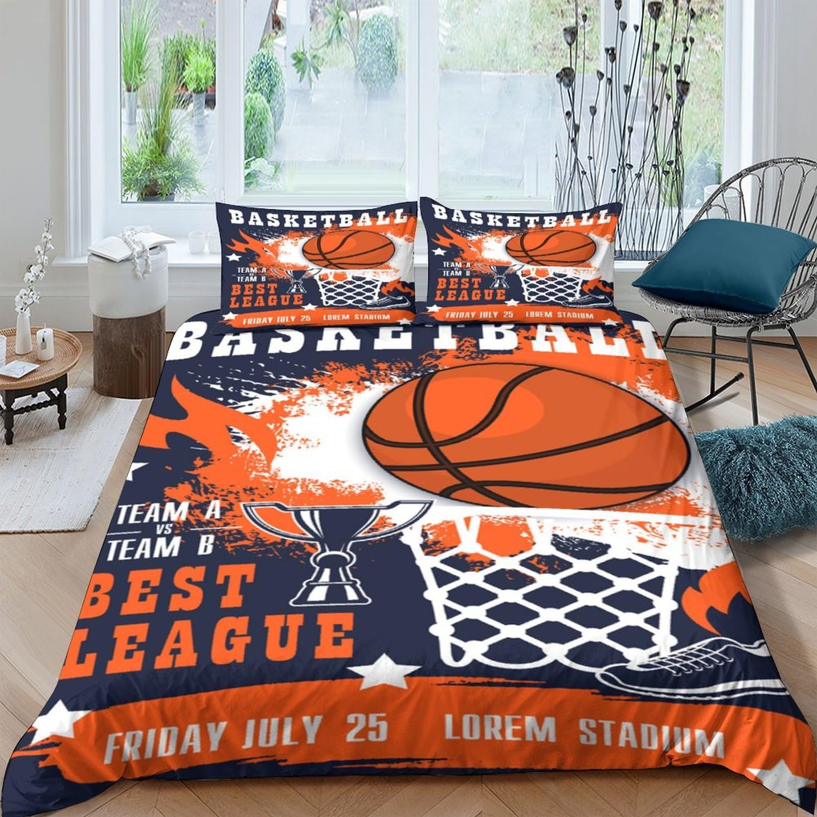 Ctjqhvkz Style-1 3D Printed Basketball Slam Dunk Fitted Sheet Microfiber Orange Navy Bed Cover For Bedroom Dorm Decor Single（135X200cm）