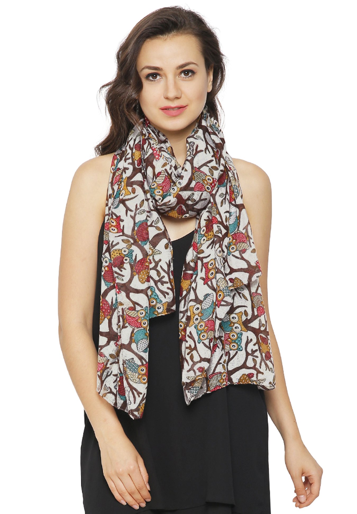 World Of Shawls Women's Cream Owl On Branch Print Scarf Wraps Shawl Maxi Soft Scarves (Cream)