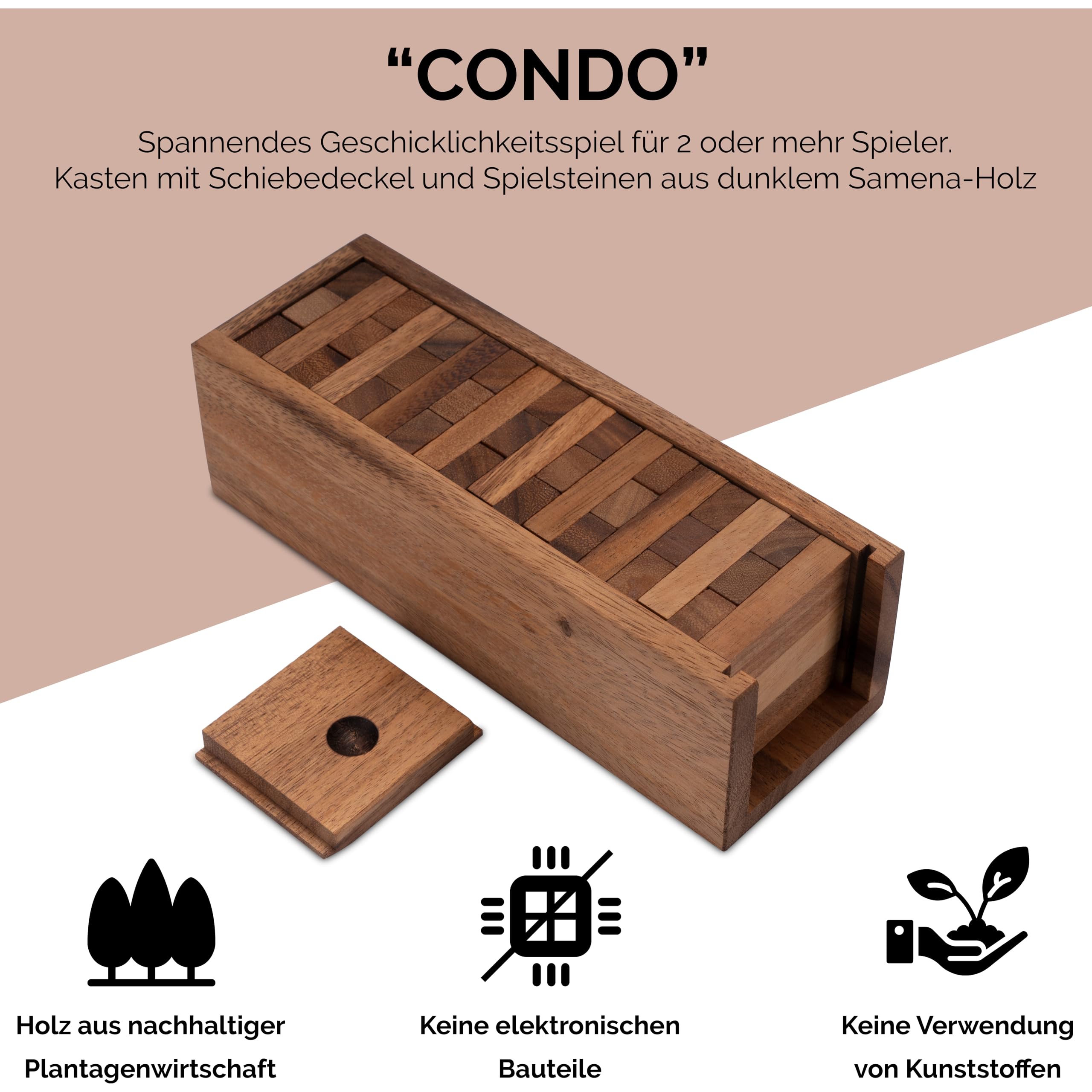 LOGOPLAY Torre tambaleante tamaño. S - 23 cm de Altura - Condo - Torre de Madera - Juego de Habilidad - Juego de Tablero de Madera Marrón