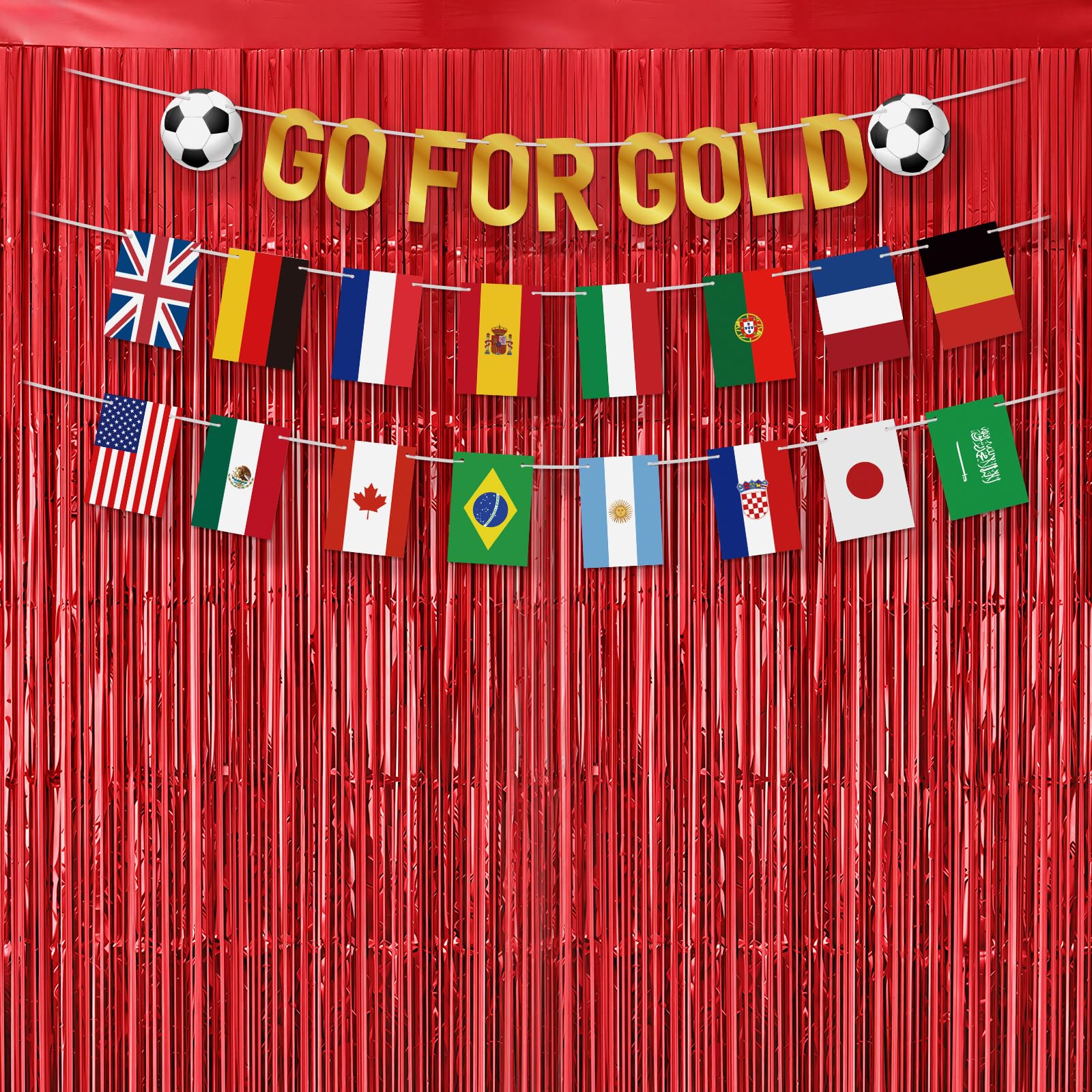 jijAcraft Football Party Decorations Set: Pre-Strung GO FOR GOLD Banner with Football, 2Pcs International Flags Bunting, 2Pcs Red Foil Tinsel Curtains for Match Day, Pub, Garden, Fan Zone Backdrop