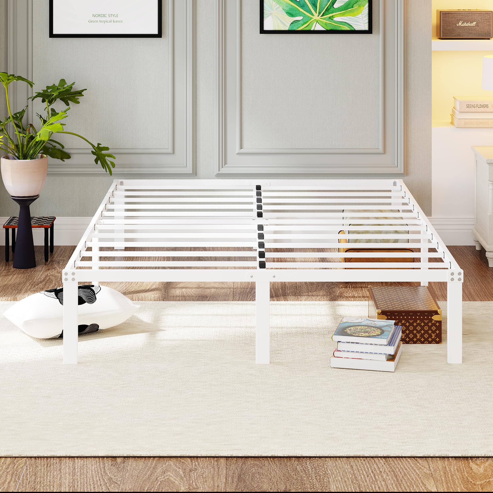 Cama con plataforma de metal, marco de cama de 140 x 200 cm, cama de metal con somier de láminas de metal, moderna cama de metal para adultos, niños, adolescentes, fácil montaje, cama doble
