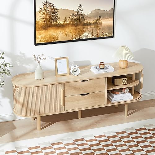 Miniatura 19 de Soporte de TV, mesa consola multimedia con puerta corredera y compartimento de almacenamiento, centro de entretenimiento moderno con almacenamiento