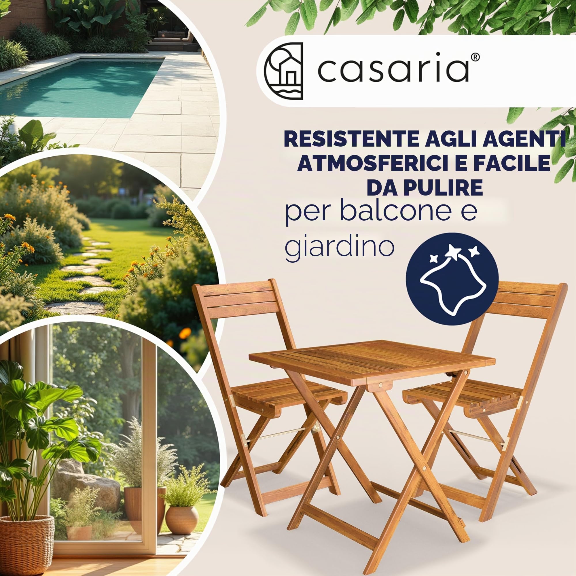 Casaria Set da Balcone Tavolo e 2 Sedie in Legno di Acacia Pieghevole 3 Pezzi
