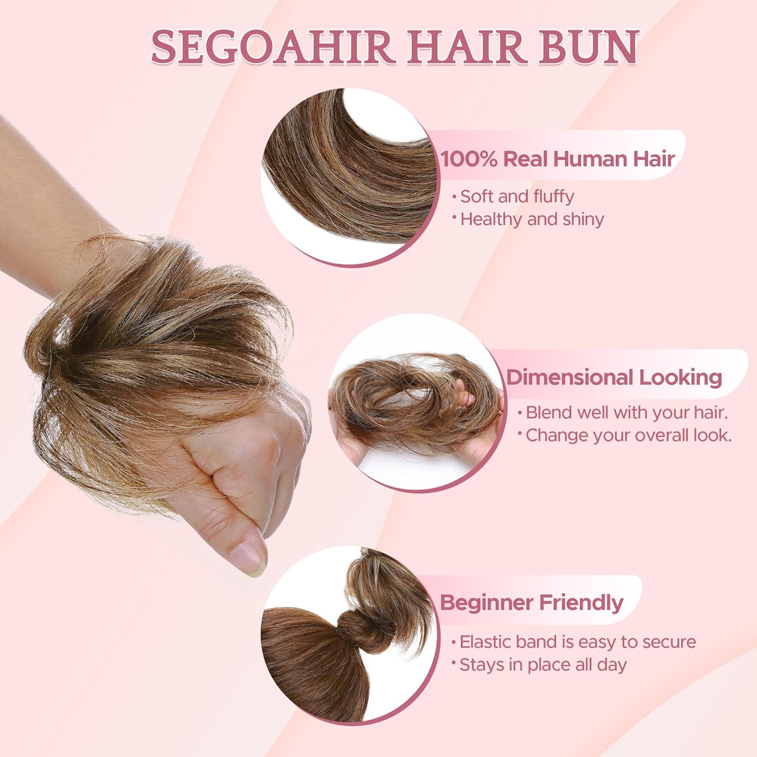 Hair Bun 100% Human Hair Natural Straight Messy Bun Hair Piece with Elastic Scrunchie for Women & Girls- 2 PCS Medium Brown Mix Dark Blonde