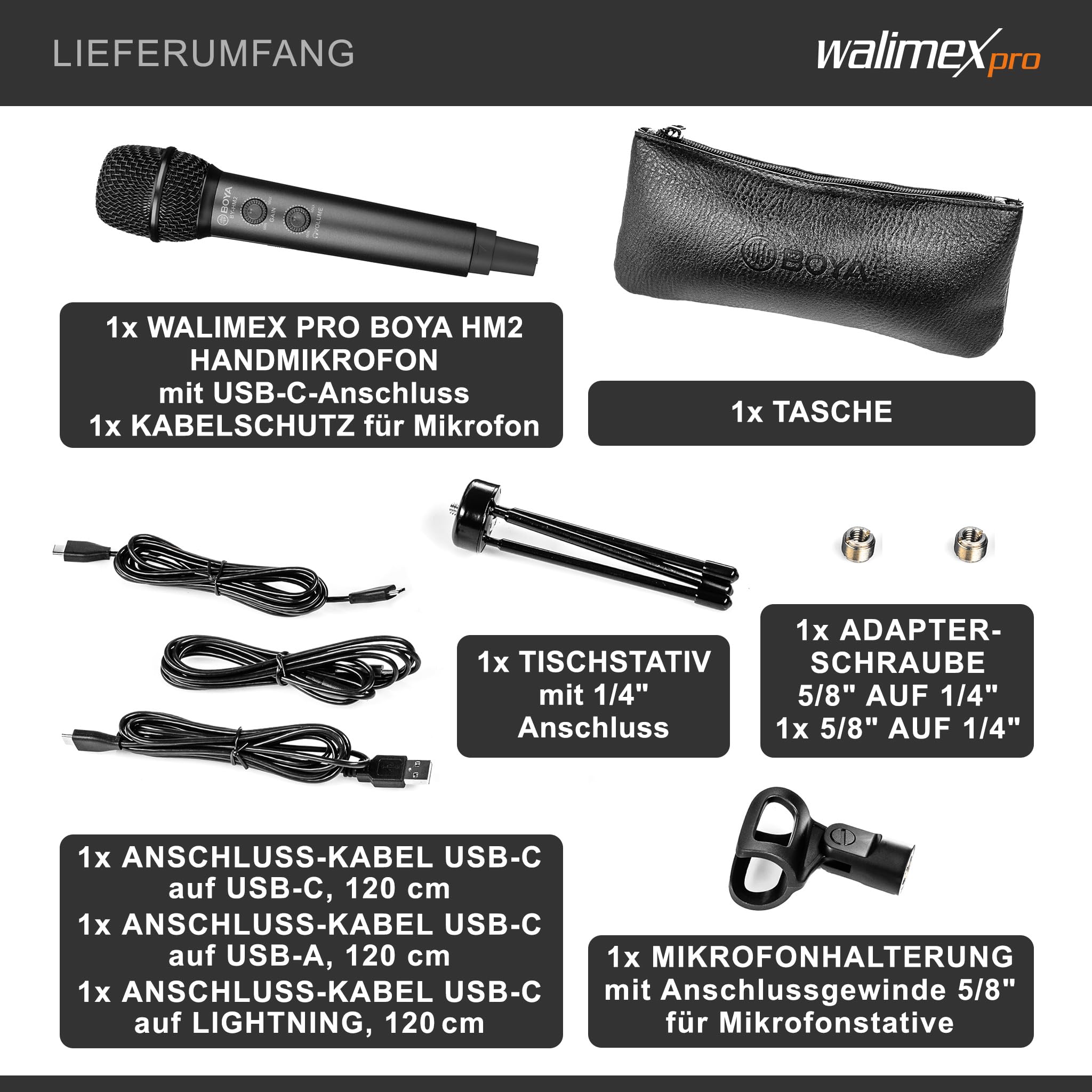 walimex pro Boya HM2 Microfono a Mano USB-C per Smartphone con Jack Cuffie e Supporto per Asta