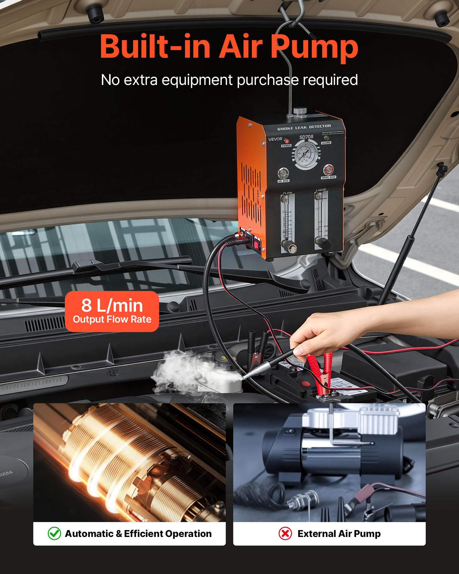 VEVOR Máquina de Fugas de Humo 12V CC, Detector de Fugas de Humo Automotriz Probador de Vacío EVAP, con Bomba de Aire, Presión de Salida 19-23 PSI, Diagnóstico de Tuberías de Combustible para Coches