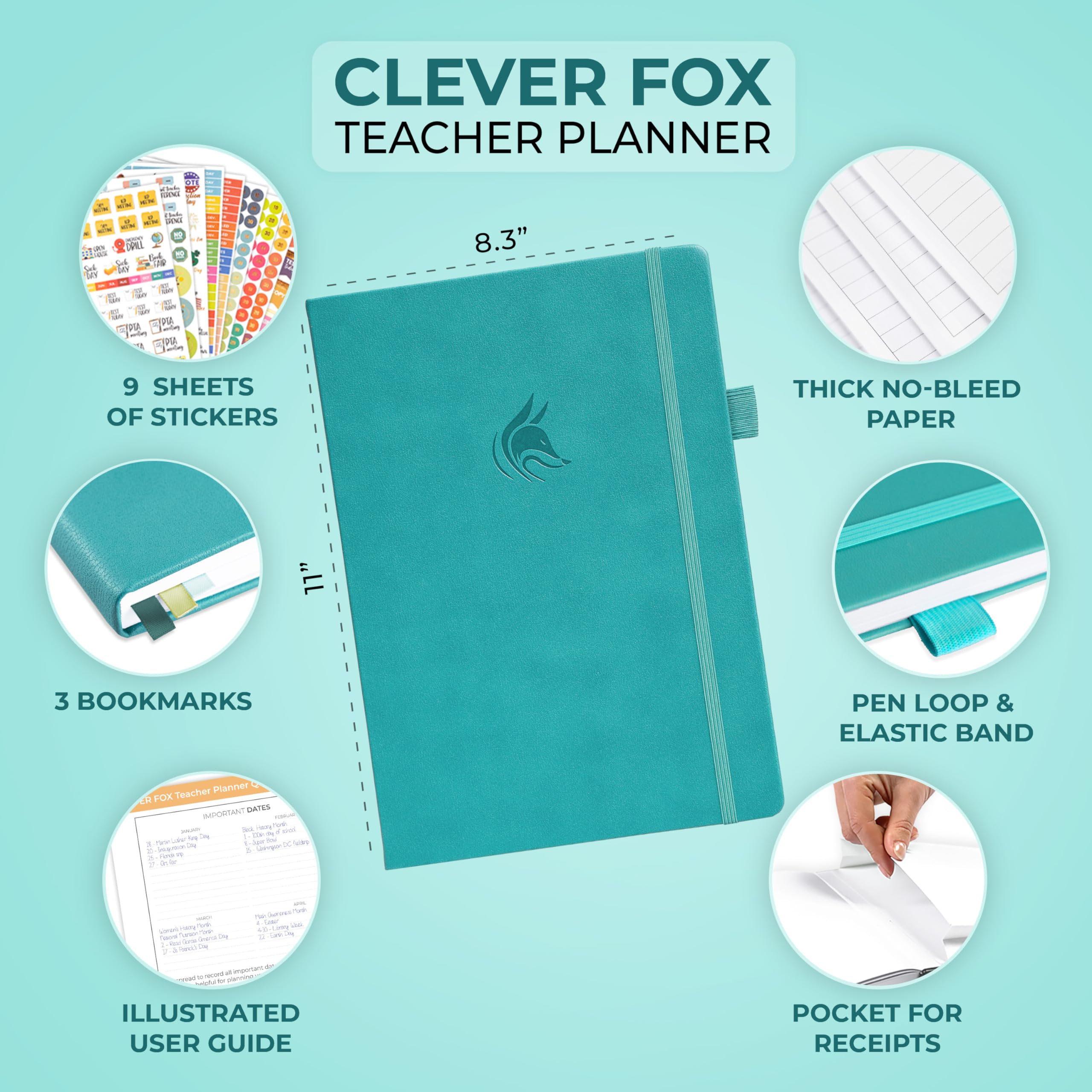 Clever Fox Planner per insegnanti, planner scolastico con calendari e piani di lezione, libro per l'organizzazione scolastica e domestica, formato A4 (turchese)