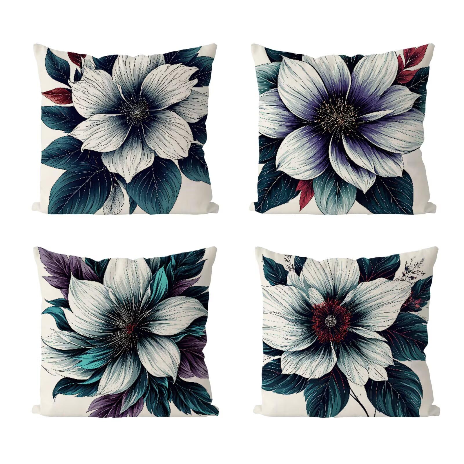 Kissenbezug 65x65 4er Set, Outdoor Kissen Creme Sofakissen, Wasserdicht Kissenbezüge Blume Dekokissen mit Unsichtbarem Reißverschluss, Zierkissenbezüge für Schlafzimmer Sofa Stuhl Bett Garten G1-601