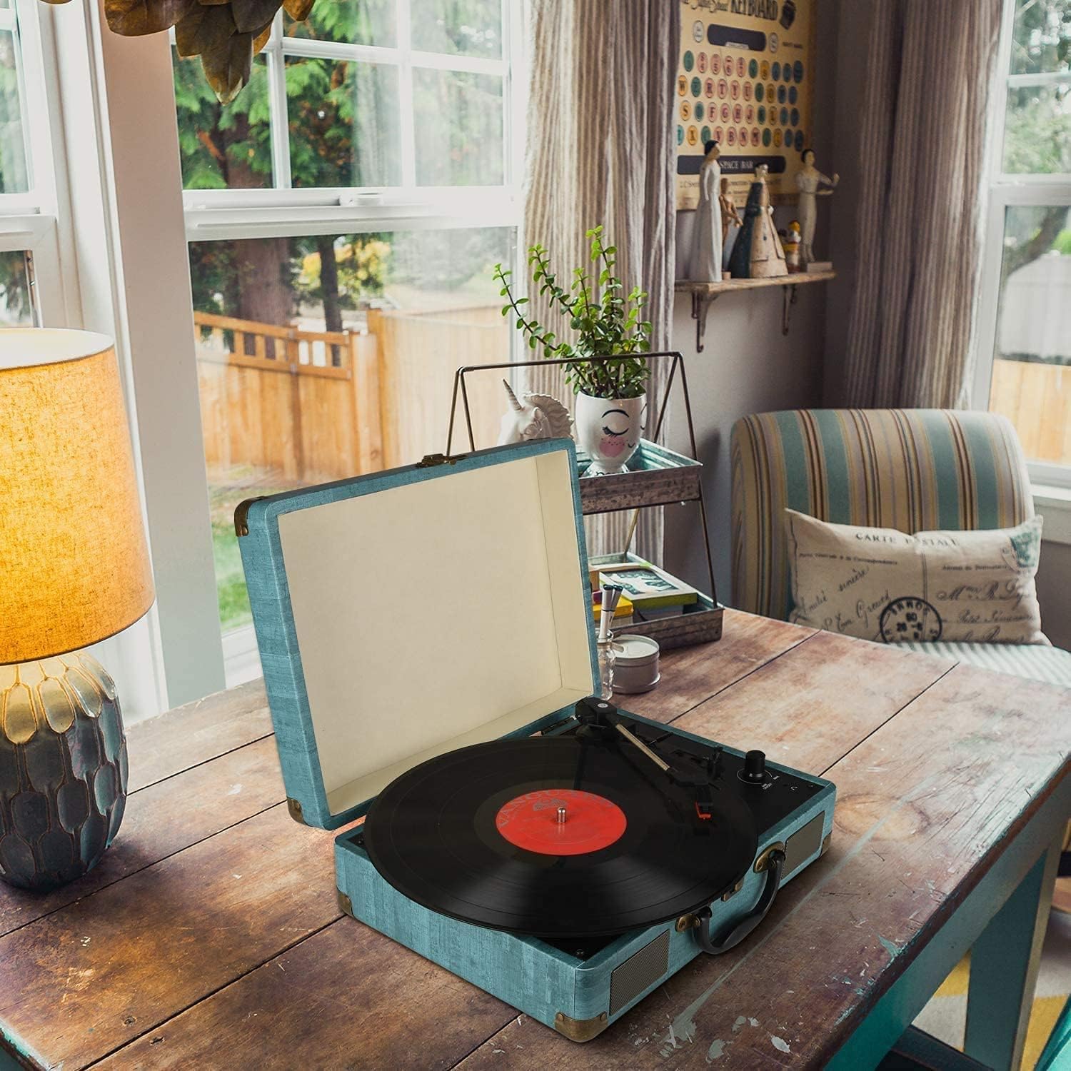 Platine Vinyle stéréo Portable, Tourne-Disque Bluetooth 3 Vitesses (33 1/3, 45 et 78 TR/Min) avec Haut-parleurs intégrés, phonographe Vintage avec entrée AUX 3,5 mm et Ligne RCA