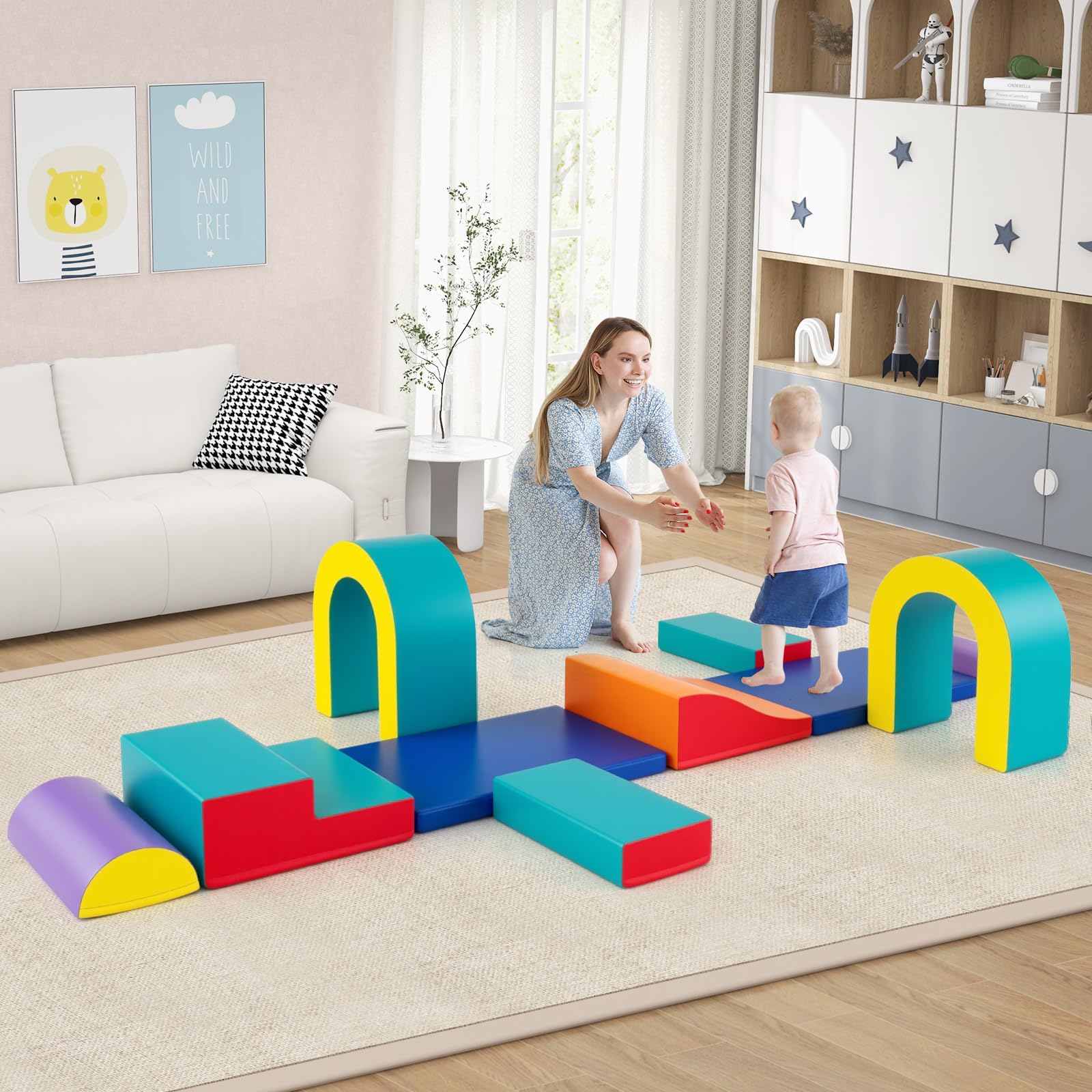 COSTWAY Set di 10 Blocchi da Arrampicata in Schiuma, Palestra da Gioco in Morbida Pelle Sintetica, Strutture Leggere per Scalare, Arrampicarsi, Scivolare, per Bambini 1+ Anno (Verde)