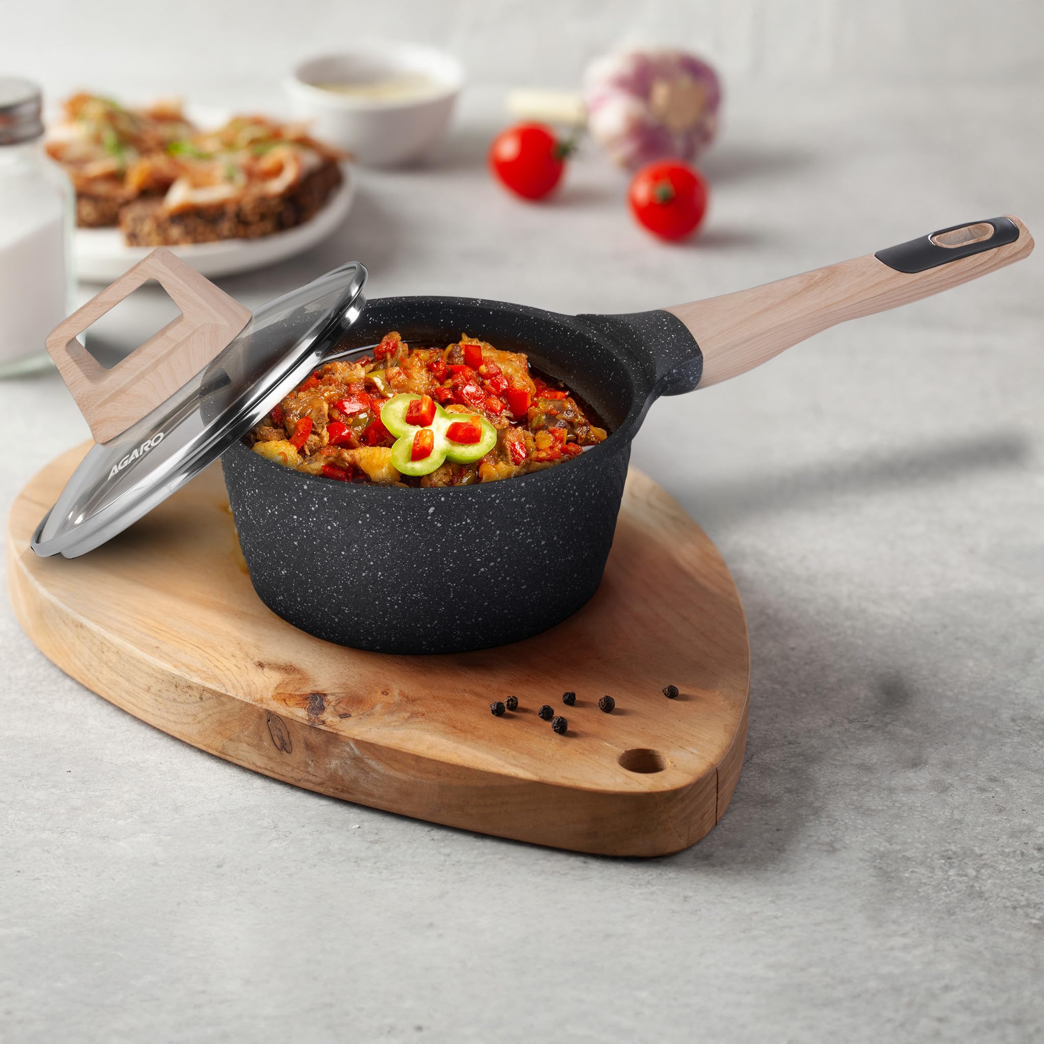 AGARO Imperial Granite Non Stick Sauce pan with Glass Lid, 1.5L / 16cm, Cast Aluminium Body, Gas & Induction Compatible, Dark Grey.
