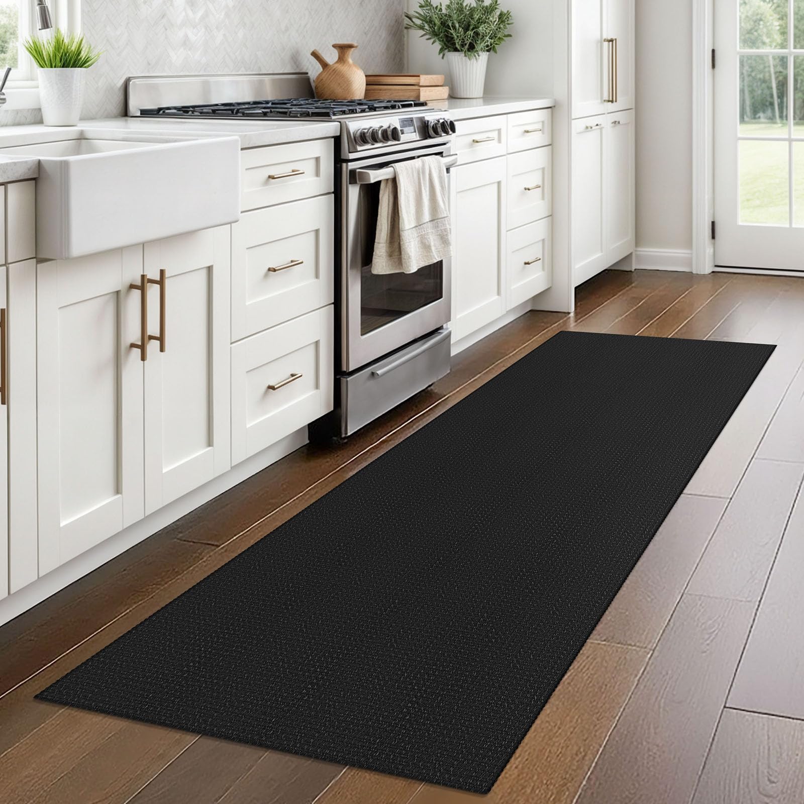 Alfombra trenzada de 2 x 7 pies, lavable, para pasillos, cocina, con respaldo de goma, de algodón, para entrada, interior, alfombra tejida para pasillo, cocina, dormitorio, color negro