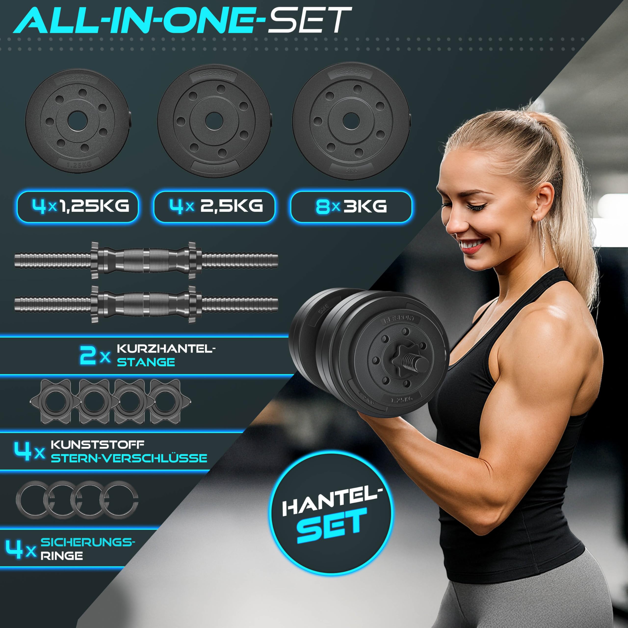 RE:SPORT 2er Hanteln Set verstellbar 15/20/30/40 kg | Hantelset mit 2 Kurzhanteln | Hantel mit Gewichten & 4 Sternverschlüsse | Fitness Kurzhantel für Muskelaufbau, Workout & Zuhause