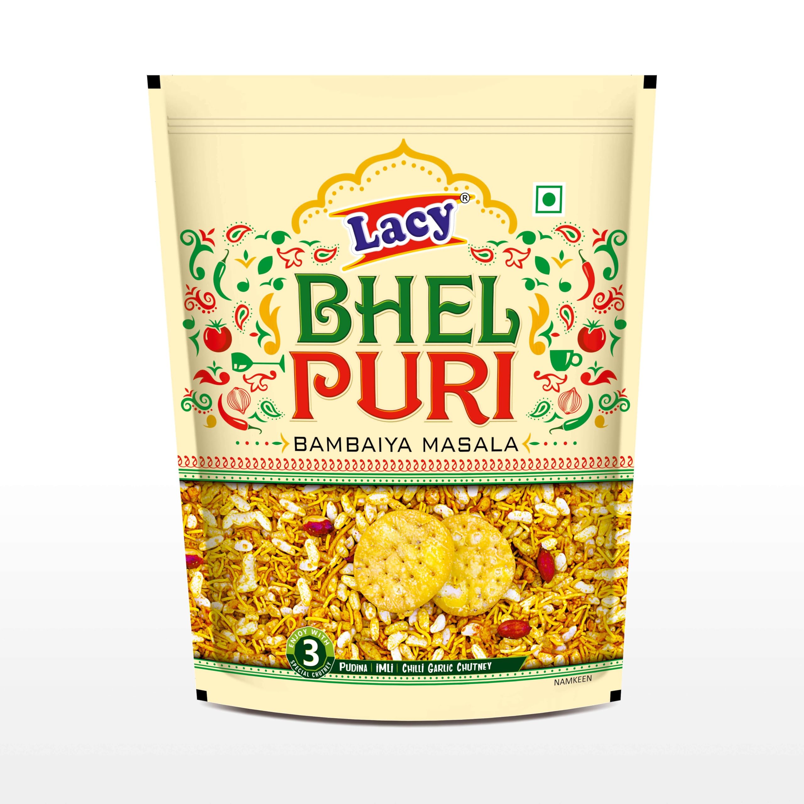 Lacy Instant and Delicious Bhelpuri, 300g Ready to Eat Bhelpuri Pack with 3 Chutneys (Mint, Tamarind and Garlic), Chaat Lover's Pick | Mumbai street food | Authentic Flavour Bhelpuri Mix