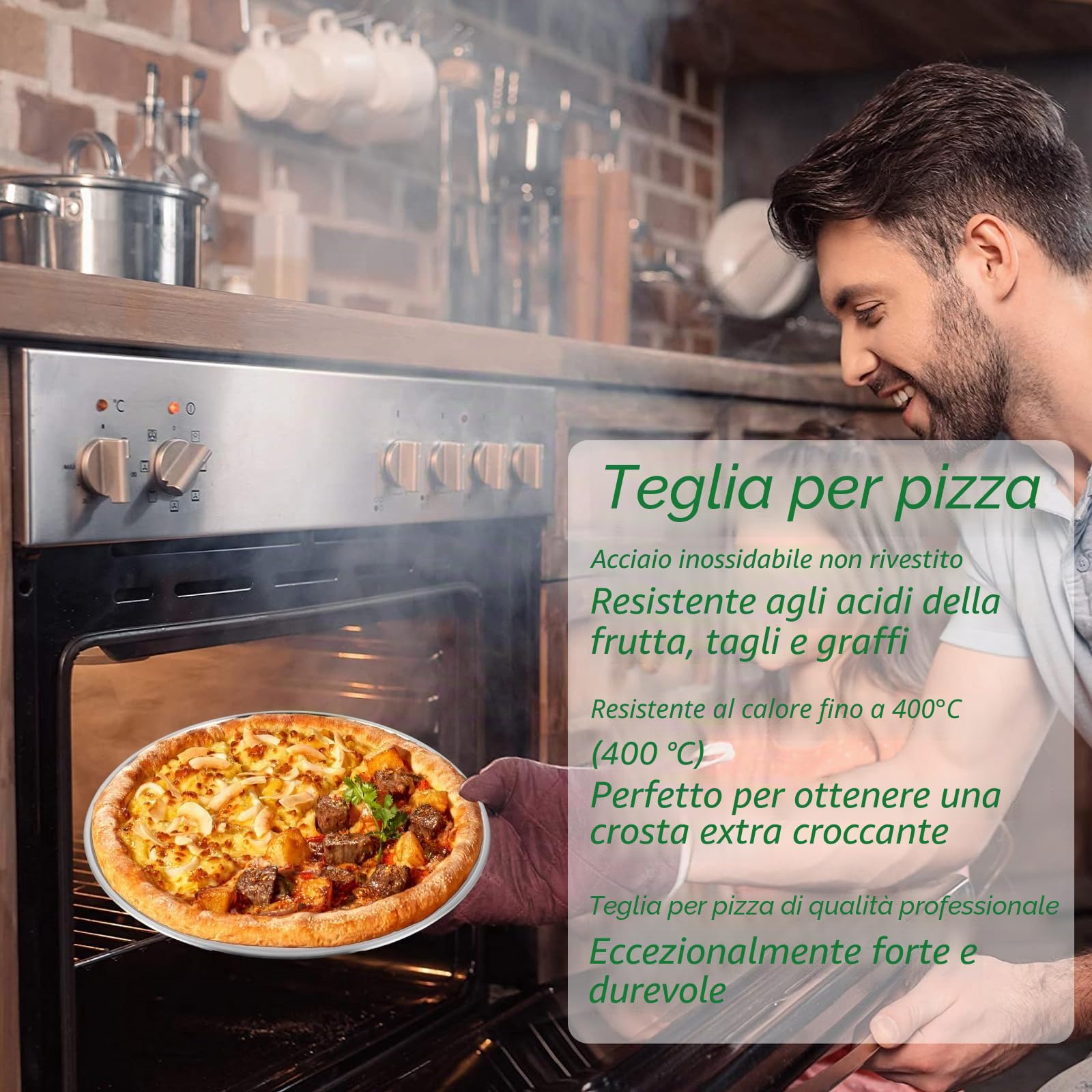 YAYODS Set di 8 Teglie per Pizza Ø 30 cm in Acciaio Inox, Piatti per Pizza Antiruggine e Senza Rivestimento, Resistenti al Calore per Forno e Griglia, Include 2 Presine in Silicone Antiscivolo