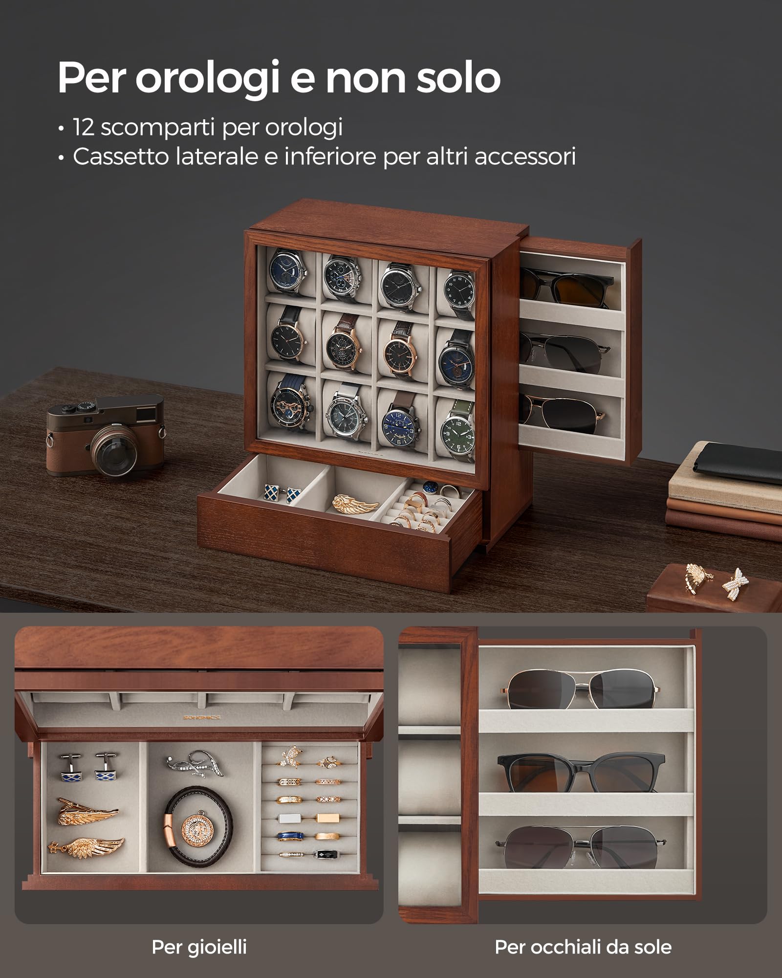 SONGMICS Porta Orologi a 12 Posti, con Finestra, Impiallacciatura in Legno