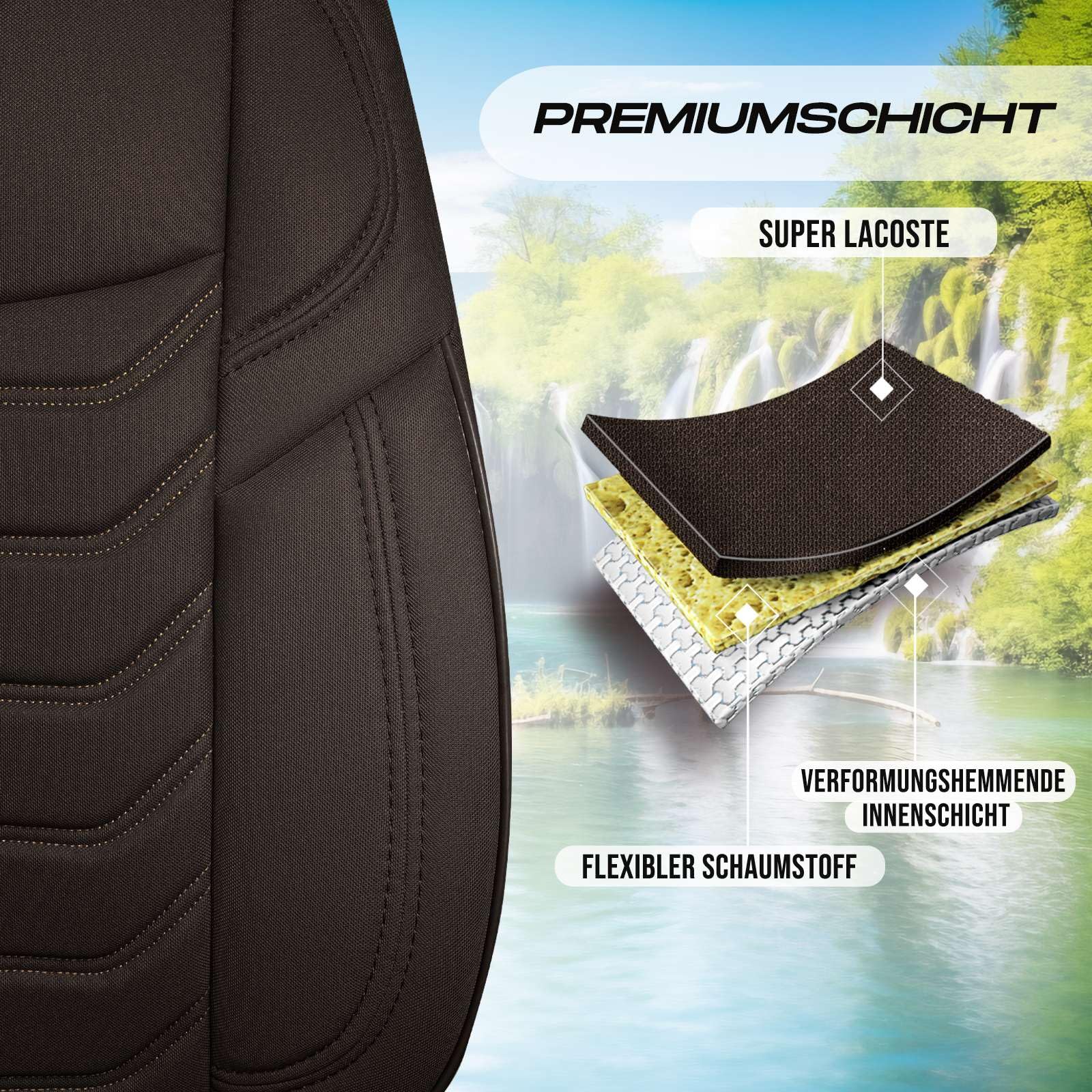 Housses de siège universelles pour voiture et SUV - Housses de siège avant de qualité supérieure en tissu Lacoste - Marron - Compatible avec airbag - Kit de montage inclus