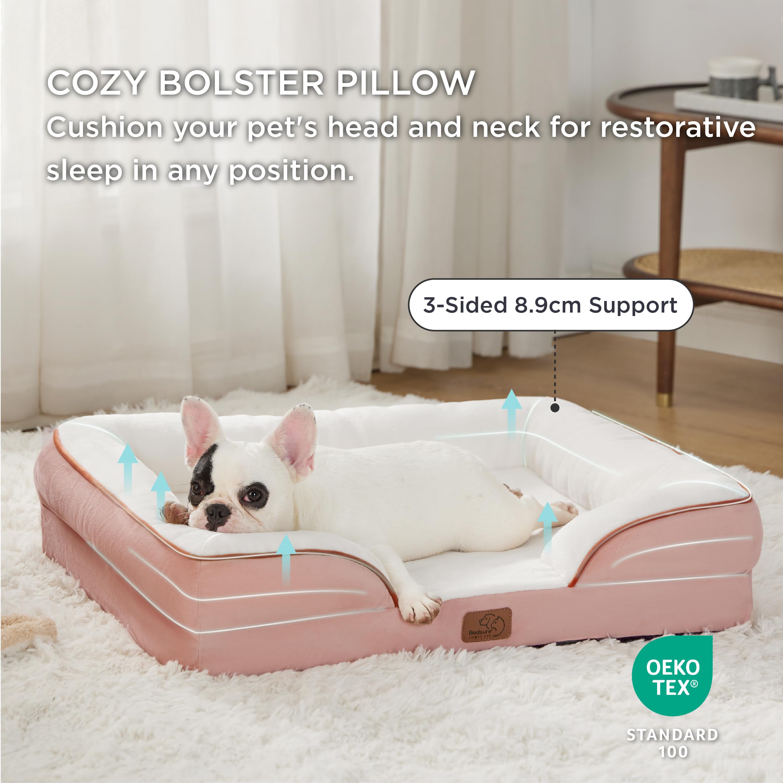 Bedsure Letto per Cani Grande 71x58x16.5cm - Divano per Cani Taglia Grande in Uovo Foam, Colore Rosa, Cuscino per Cani Sfoderabile e Lavabile