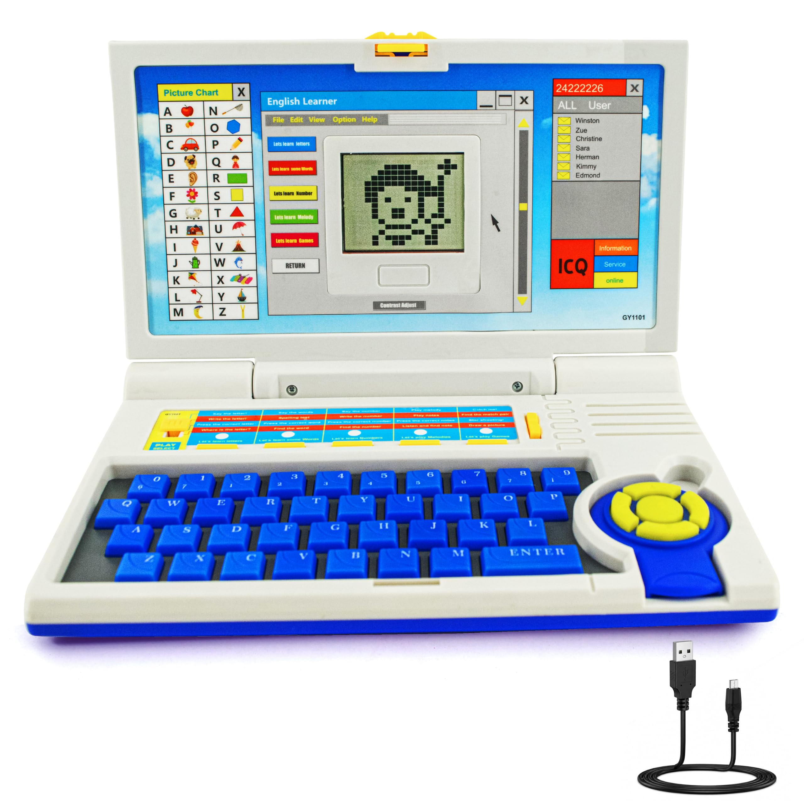 Gooyo GY-1101 Plug & Play English Learner Educational Laptop Toy with 20 Learning & Playing Activities|Blue & White Color,Dual Power Supply Source:Micro USB Cable(Included) &3xAA Battery(Not Included)-image-39