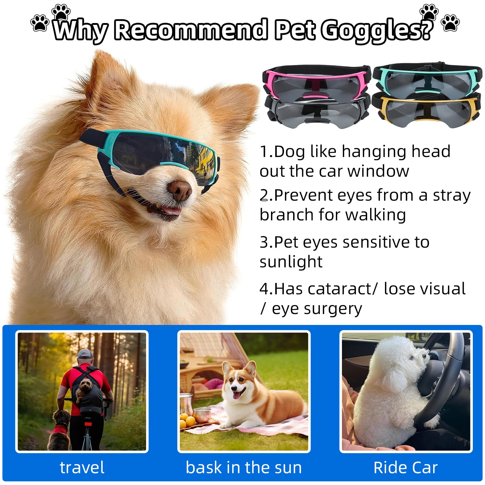 Occhiali da neve estivi, occhiali da sole per cani di piccola taglia, protezione dagli occhi, protezione UV per cani, occhiali da sole, anti-appannamento, per moto, canestro convertibile (rosa)