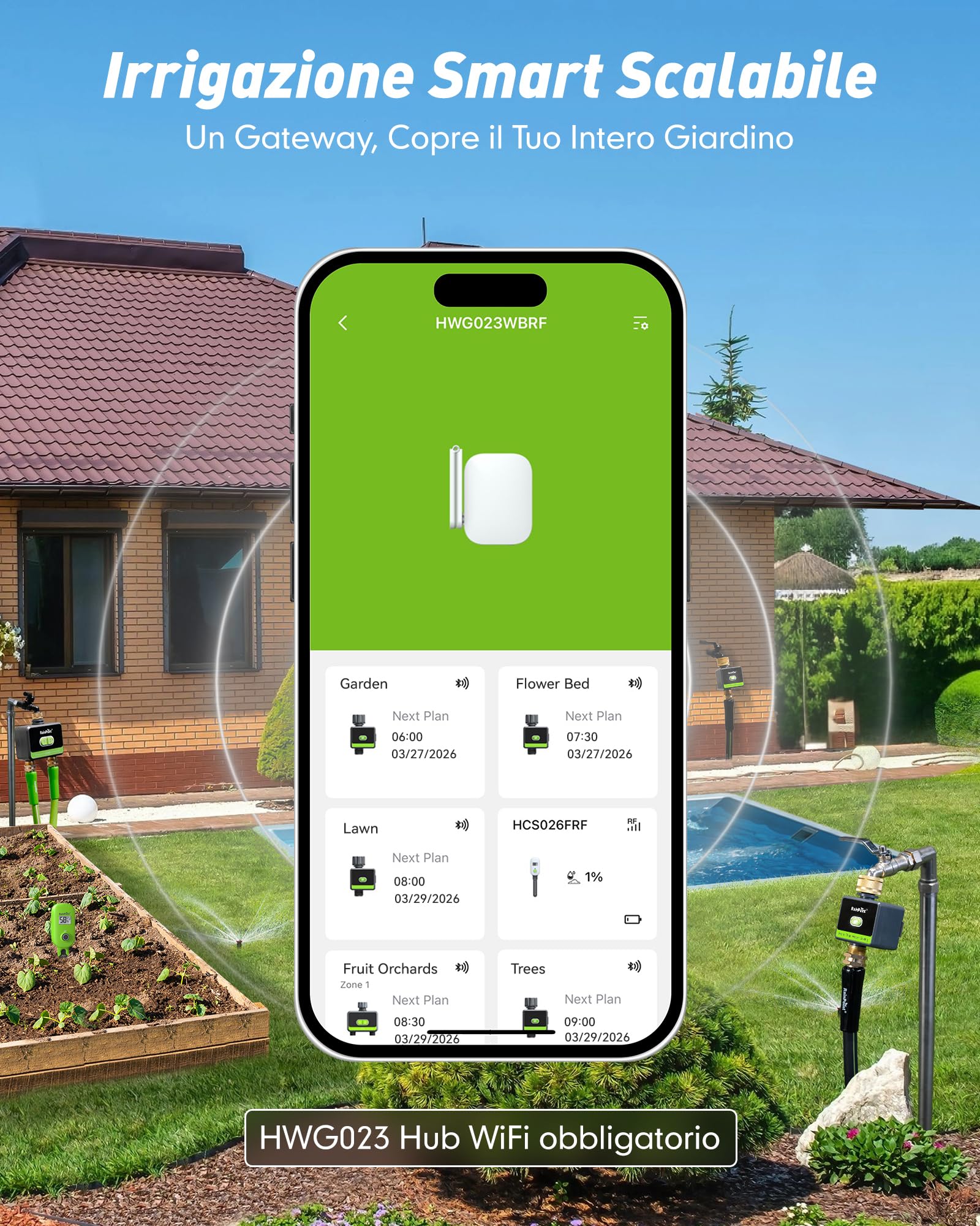 RAINPOINT Centralina Irrigazione WiFi, Computer Irrigazione Smart con Entrata e Uscita in Ottone per Giardino e Prato (Gateway Non Incluso)