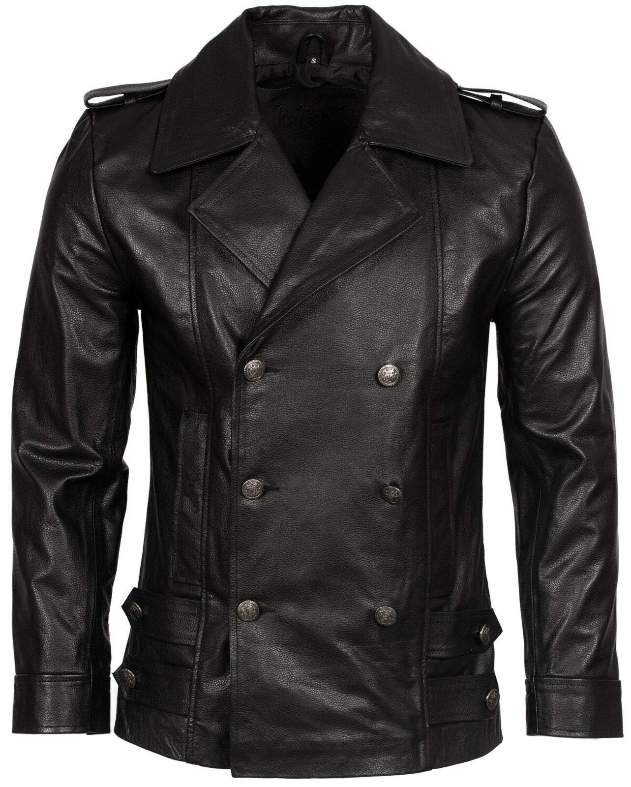 Mens Classic German Navy Military Peacoat Black Cowhide Leather