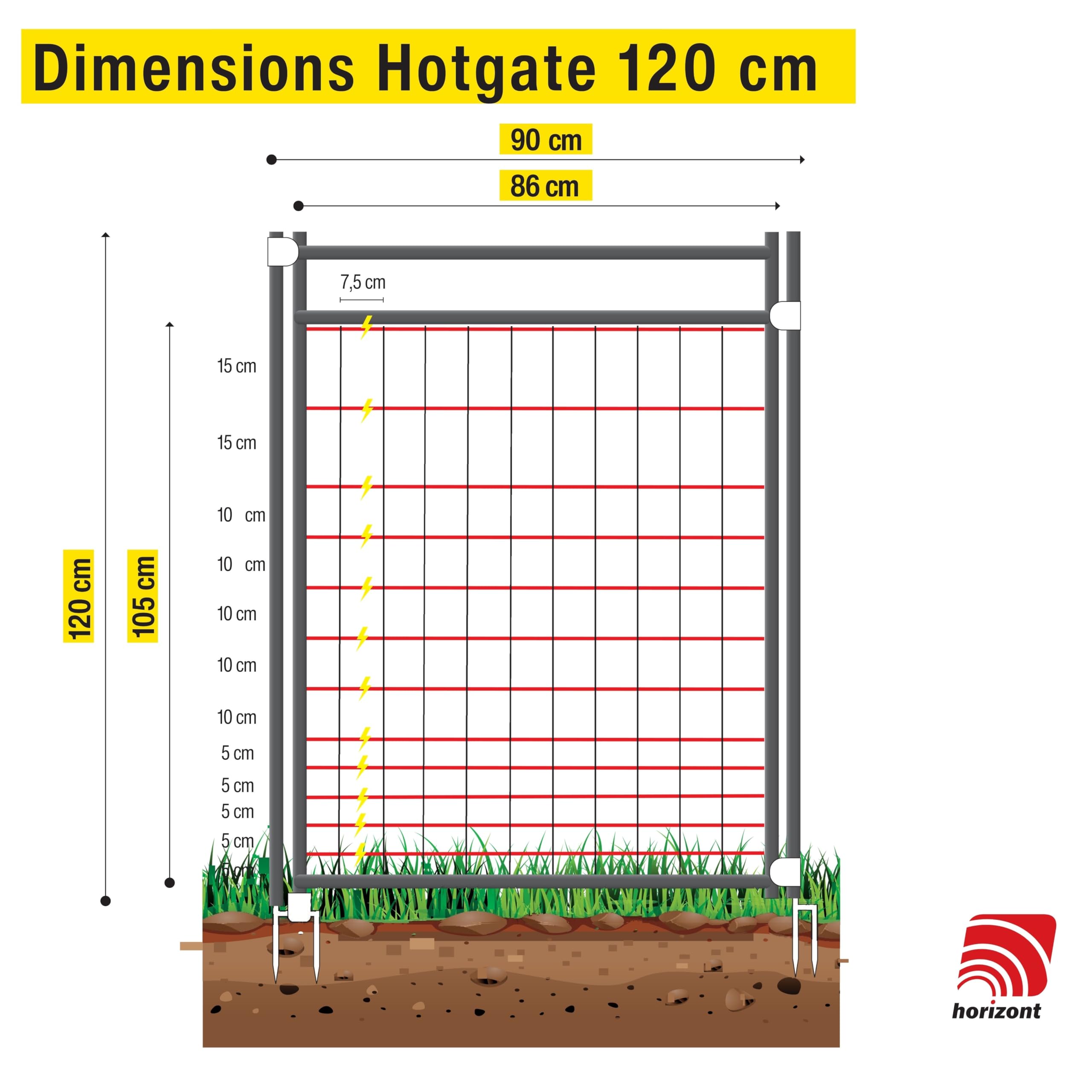 horizont Hotgate porte pour filet de clôture, porte pour filets électroniques, porte pour filets de clôture - 120 cm de hauteur, électrifiable