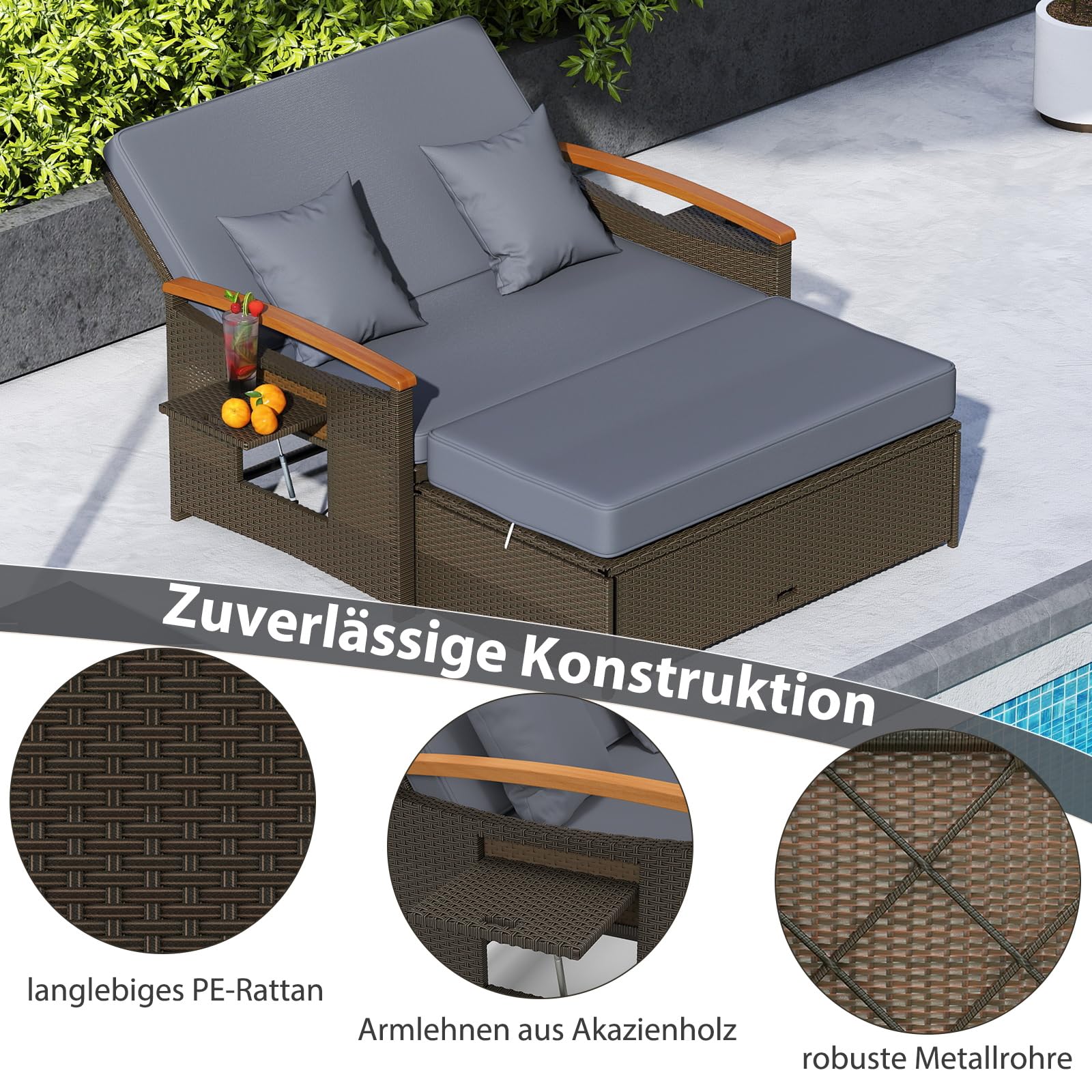 GYMAX Sofa Exterior de Ratán con Reposapiés de Almacenamiento, Conjunto Jardín de 2 Plazas con 4 Niveles y Cojines Acogedores, Bandejas Laterales Retráctiles (Gris, S)