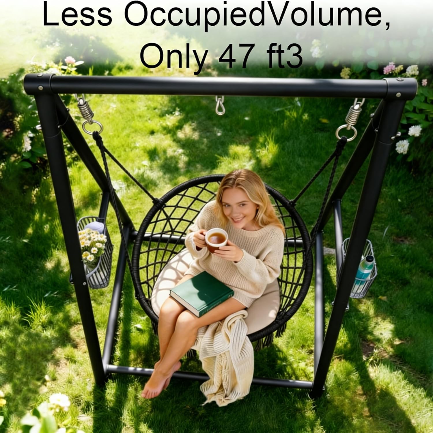Heavy Duty Hammock Chair Stand, 350 LBS Steel Frame with Triangular Structure, Hanging Stand for Egg Chair & Swing Chair, 3 Hooks & 2 Storage Baskets for Indoor Outdoor (Stand Only, Black)