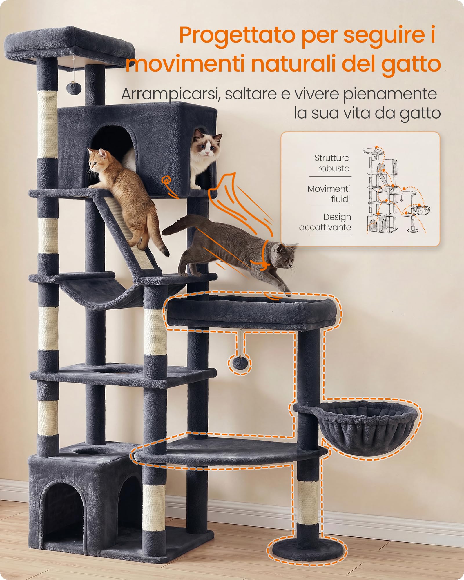 Feandrea Albero per Gatti, Tiragraffi Multilivello in Sisal con 6 Aree Riposo, Torre Stabile per Gatti Grandi, 105 x 45 x 188 cm, Grigio Scuro, Collezione Clawfy PCT016G201
