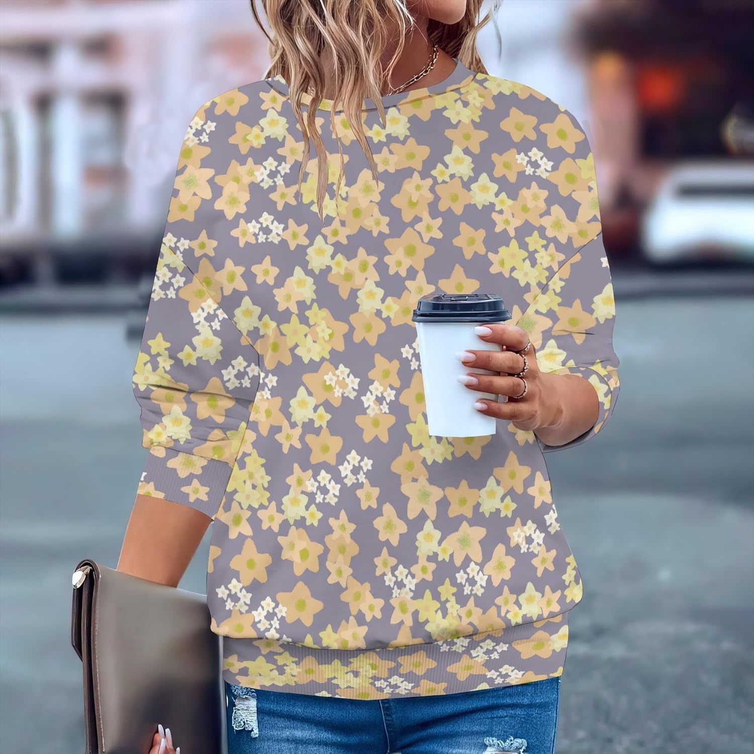 Sweatshirts For Women Retro Floral Long Sleeve Crewneck Sweatshirts Cute Comfy Fit Pullover Vintage Street Wear - Image 2