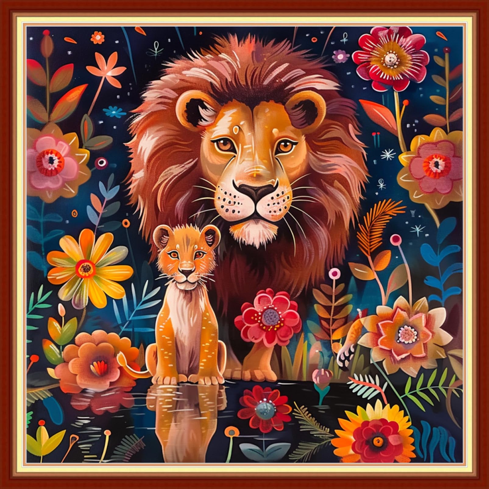 Joyhoor Stamped Cross Stitch Kits for Beginners Needlepoint Kits for Adults Embroidery Kits 11CT Counted Cross Stitch Kits Printed Embroidery Pattern-Lion Flower 18x18 inchs