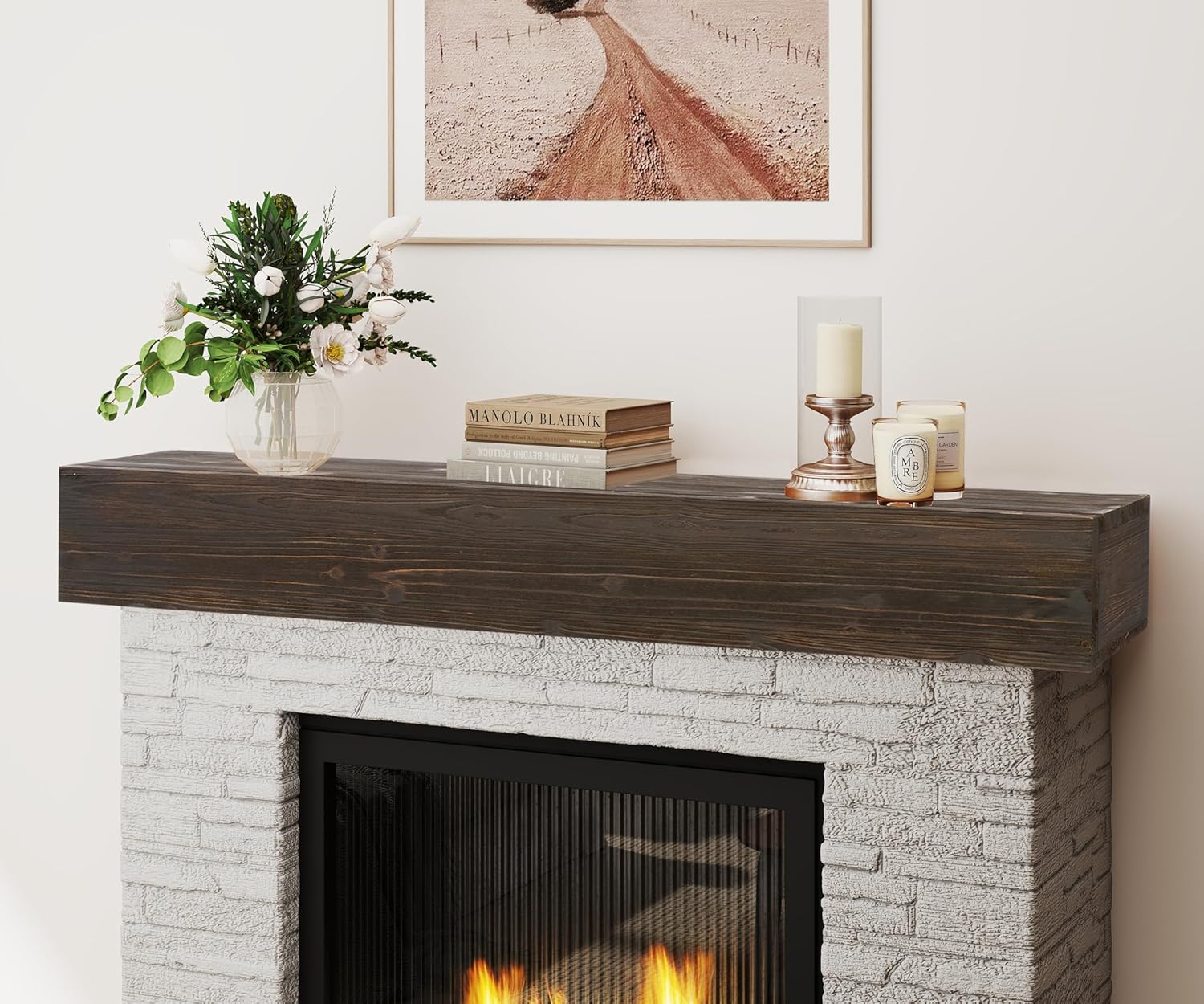 48" Rustic Wood Fireplace Mantel Shelf – Wall-Mounted Floating Shelf, Farmhouse Style, Perfect for Home Décor, Living Room