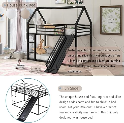 Miniatura 3 de Harper & Bright Designs Litera de metal individual sobre individual con tobogán convertible, escalera y barandilla de seguridad, litera baja de