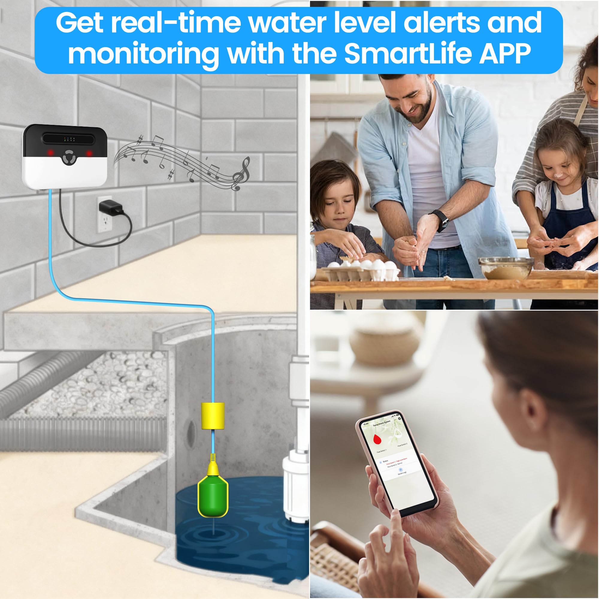 LUCKYDUO Z7PRO Alarme WiFi Pompe Submersible, Batterie Secours, 110dB, IP65