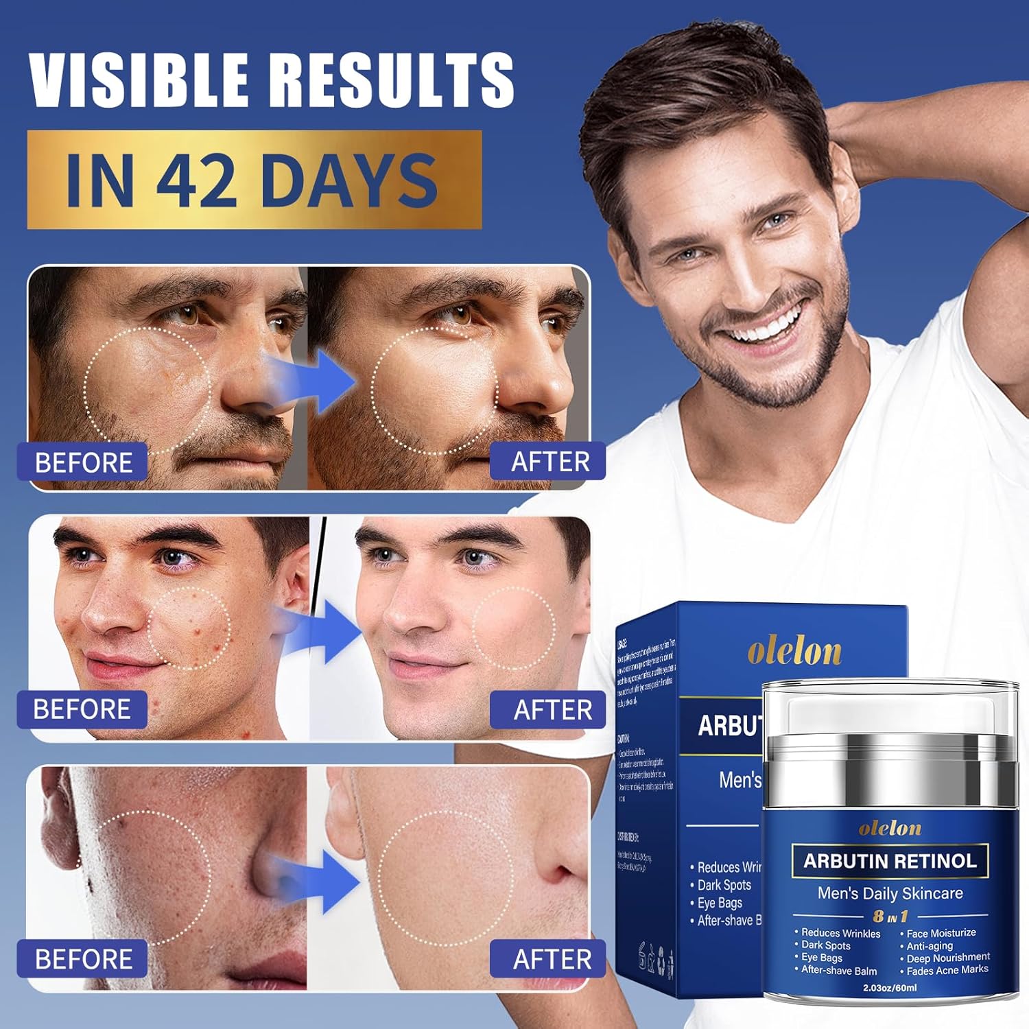 8-in-1 Face Cream for Men, mens face moisturizer with Alpha Arbutin, Retinol, Collagen and Hyaluronic Acid, Anti-Aging Face Cream for Men, Eye Bags Treatment & Wrinkle Cream 2.03oz - Image 3