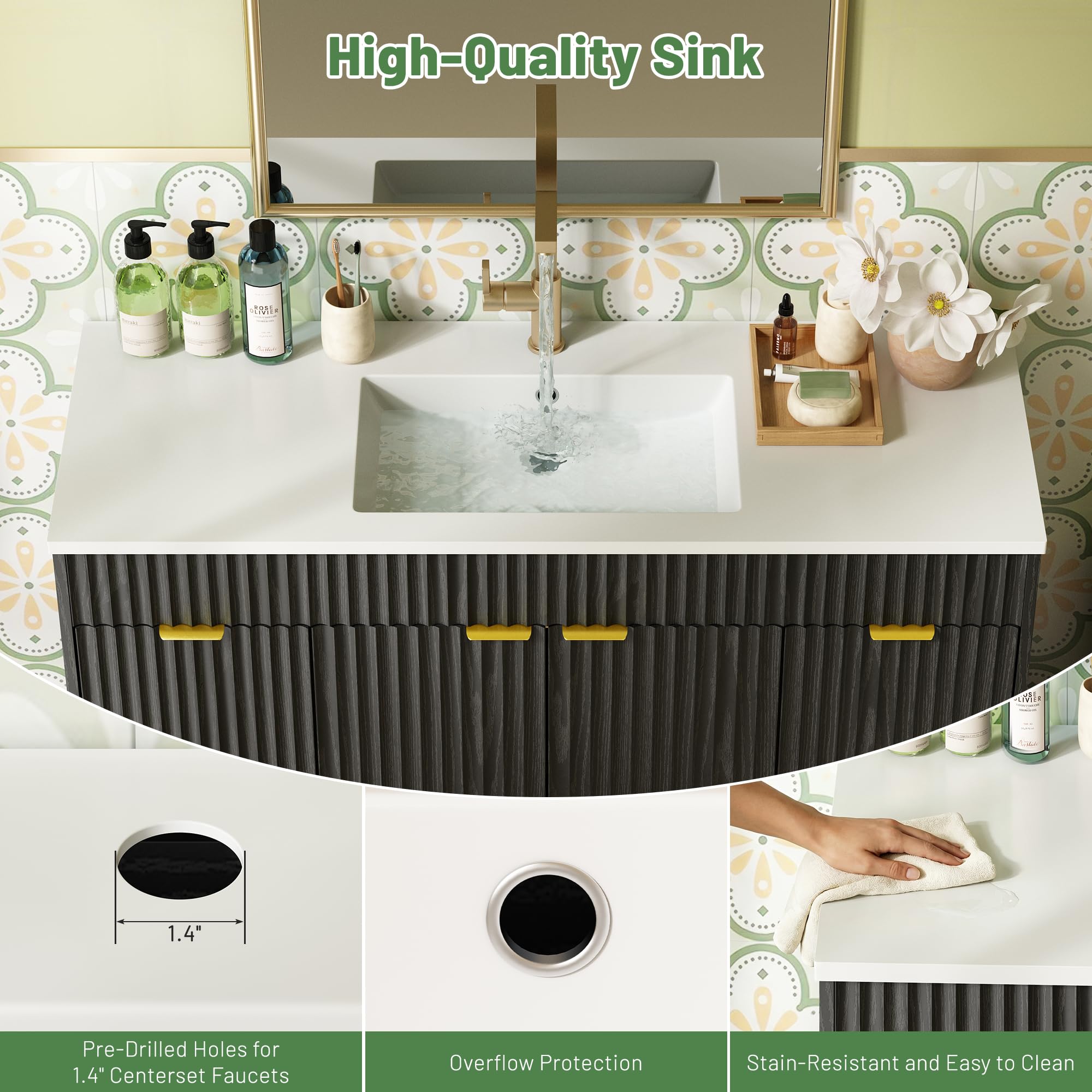 CARPETNAL 48 Inch Bathroom Vanity with Sink, Modern Fluted Bathroom Vanity with Sink with Storage Cabinet, Adjustable Shelf and 2 Soft Closing Doors & 4 Drawers, Black - 5