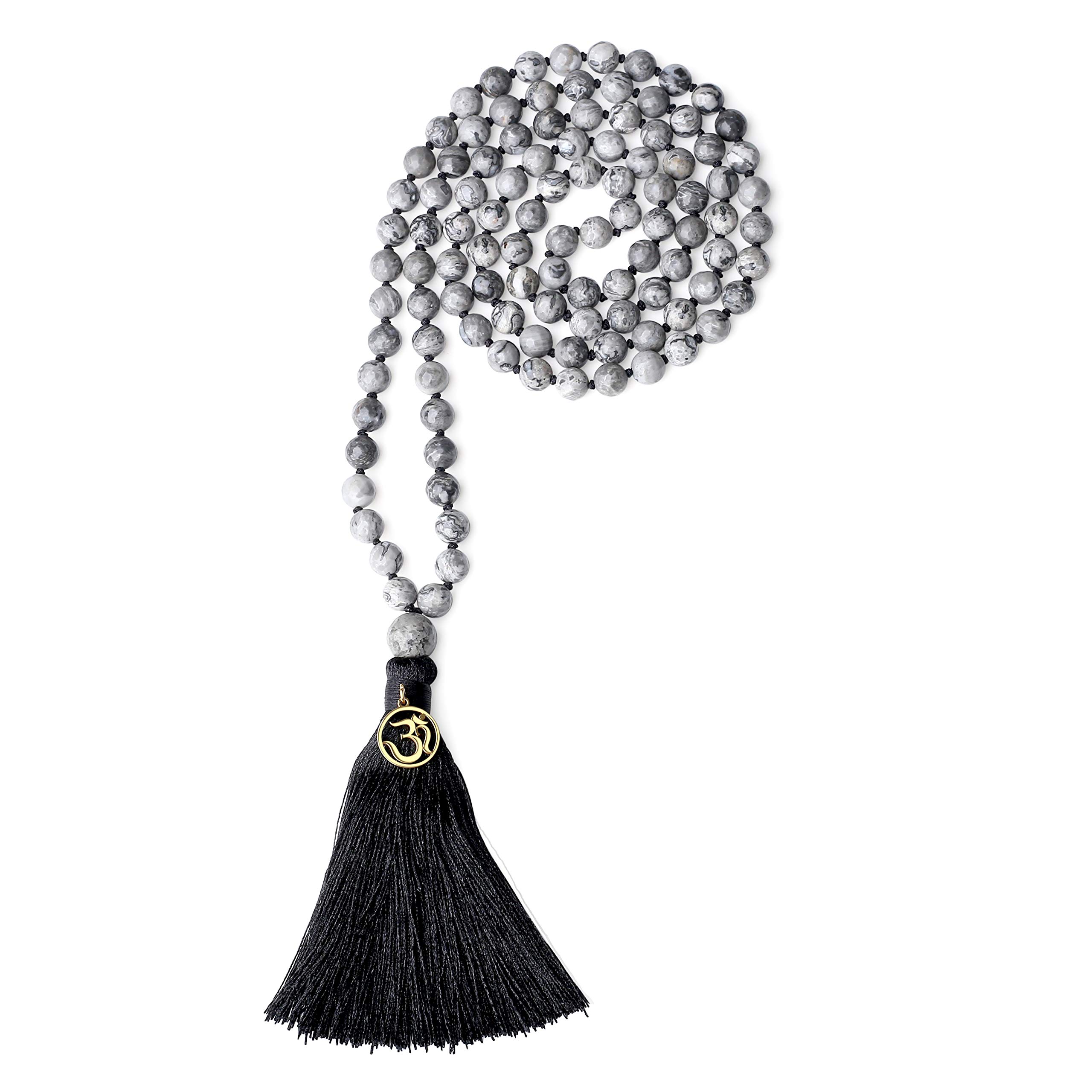 COAI Geschenkideen Unisex Handgeknüpft 108 Mala Yoga Kette Buddhistische Halskette Gebetskette aus 8mm Map Jasper Karte Jaspis mit Quaste und OM Anhänger