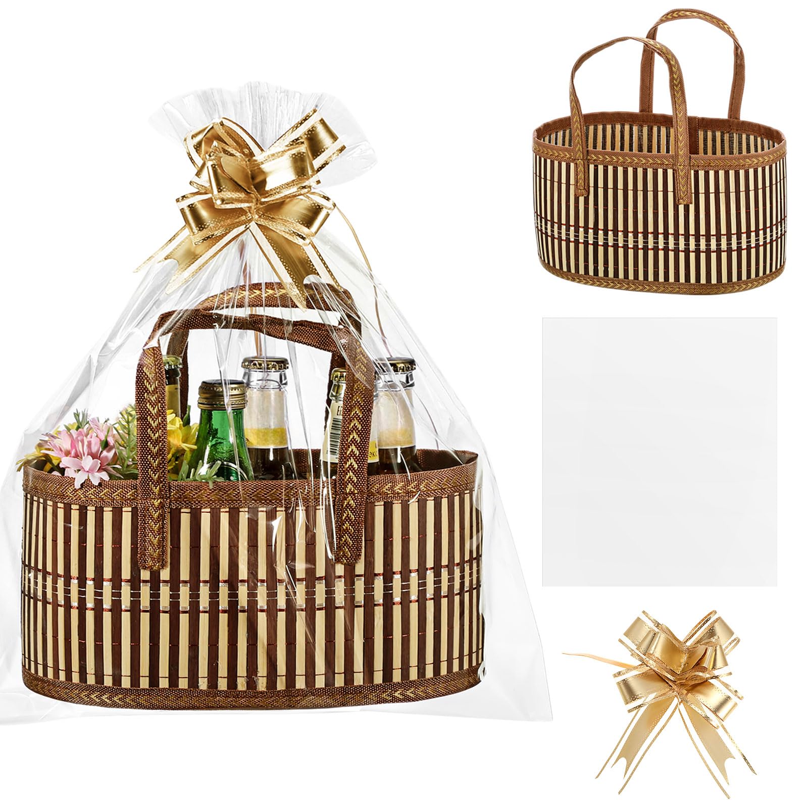 Reallnaive Baskets for Gifts Empty Sturdy Woven Bamboo Gift Basket with Gift Bags and Ribbons for Christmas Thanksgiving Birthday Mothers Day