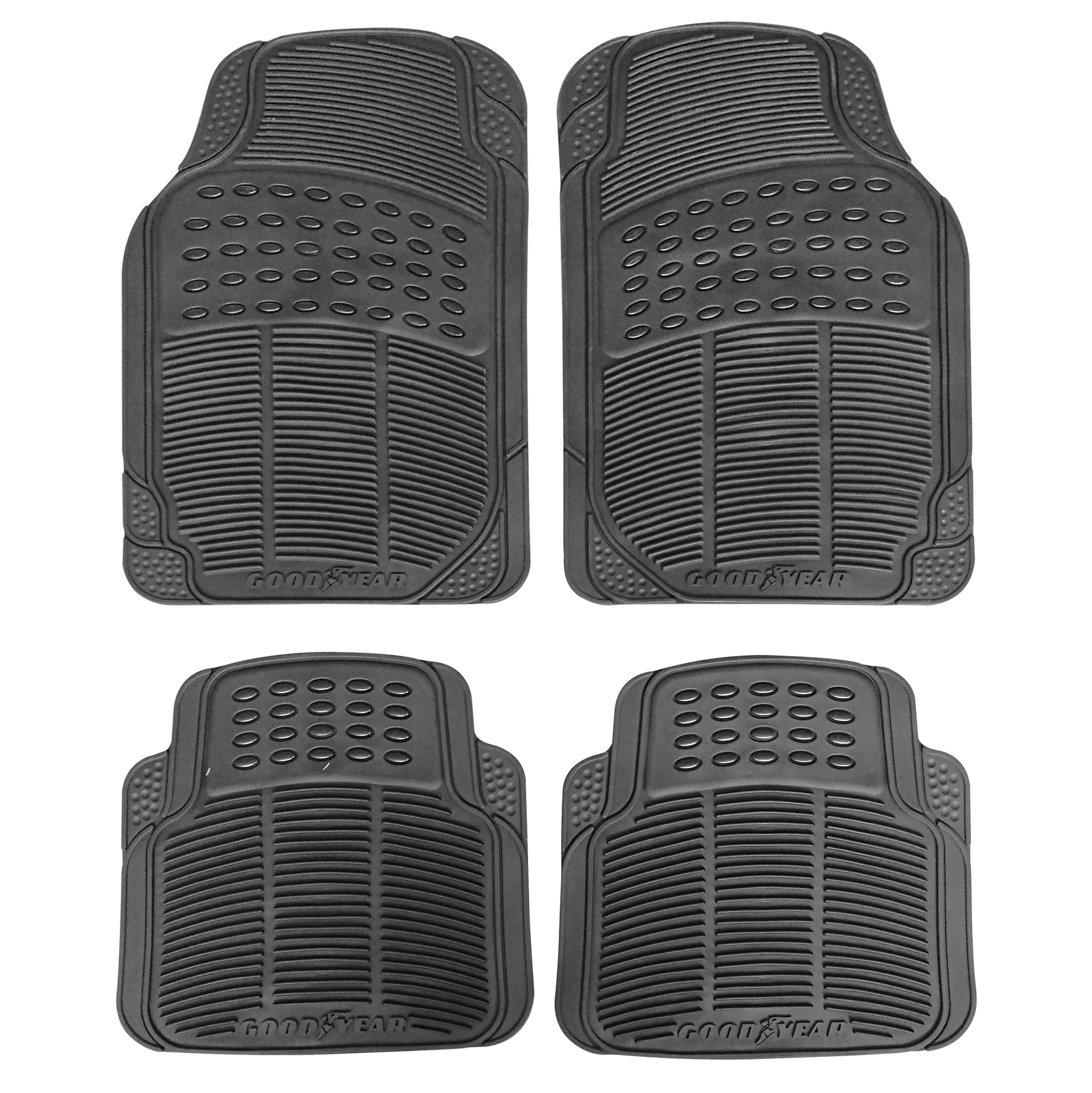 Goodyear Heavy Duty Car Mat Set 4PC-Tough and durable universal car mat set| Protects your vehicle from wear and tear| Non-slip backing| Can be cut to your desired size Slip resistance| Quick and easy