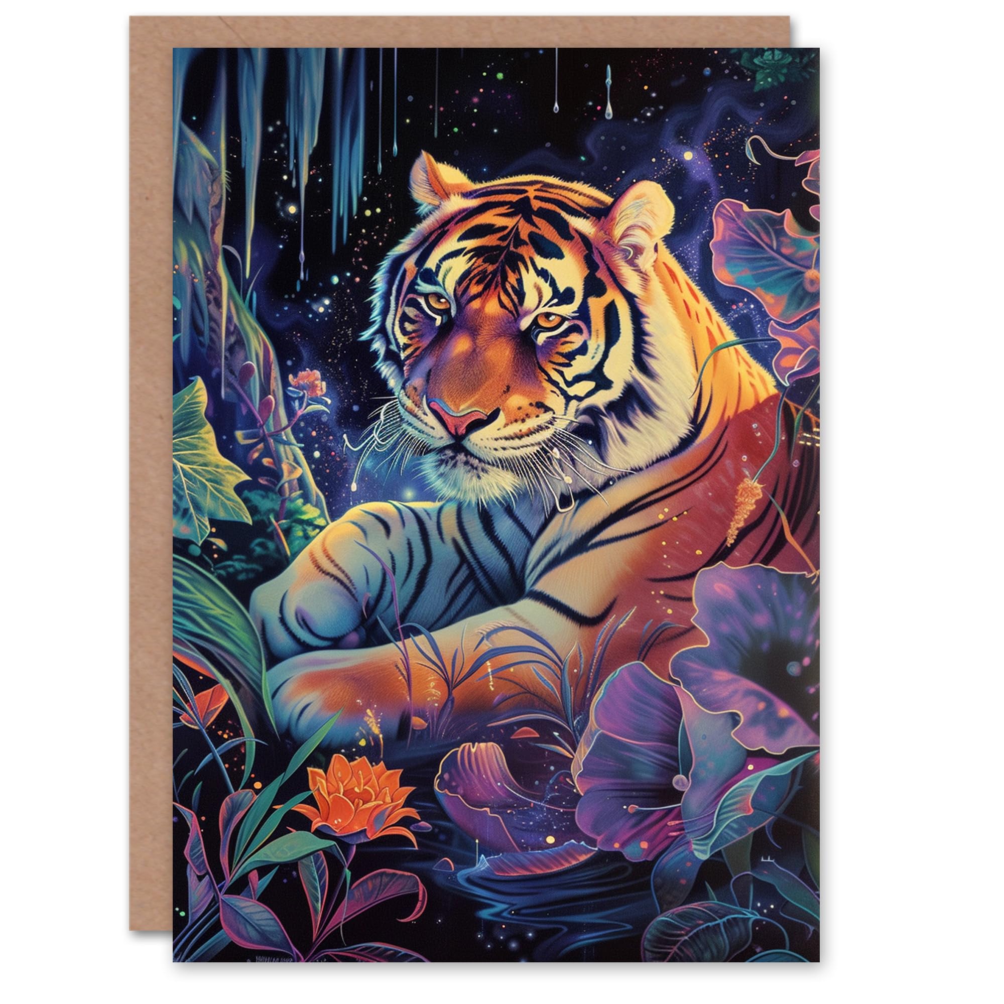 Artery8 Birthday Card Magical Fantasy Tiger Floral Mystic Stars Blank Arty Art All Occasion Greeting Card