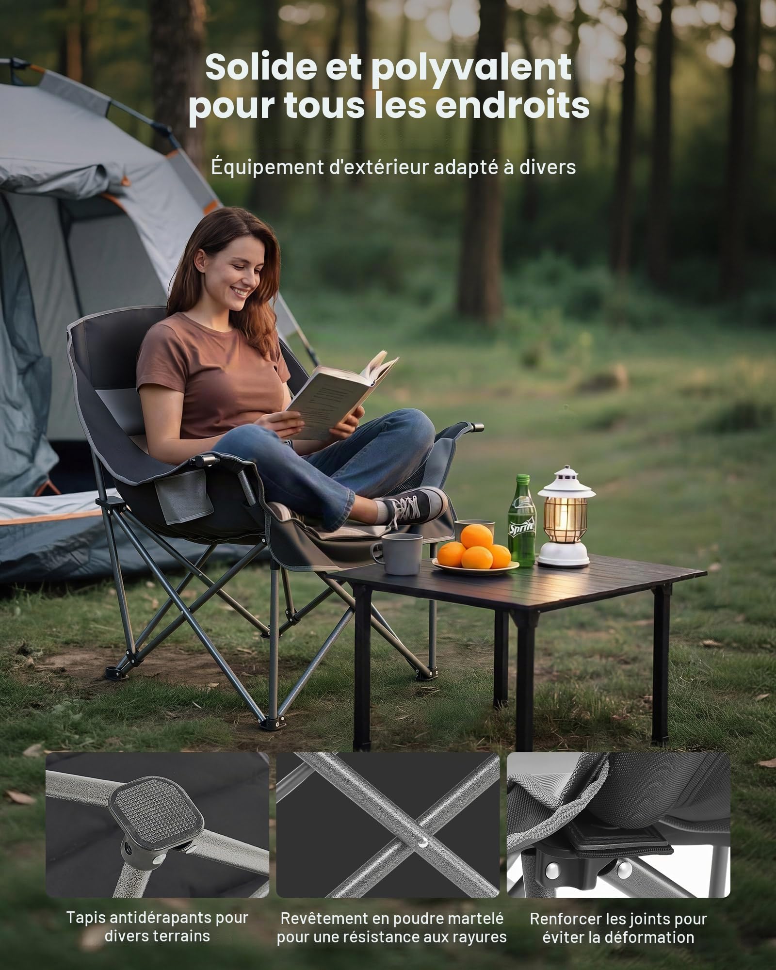 VEVOR Chaise de Camping Pliante et Portable, Fauteuil Pliable Camping Charge Maximale 204 kg, pour Pique-Nique Randonnée Pêche en Plein Air, avec Porte-gobelet, Porte-Verre à Vin et Sac de Transport