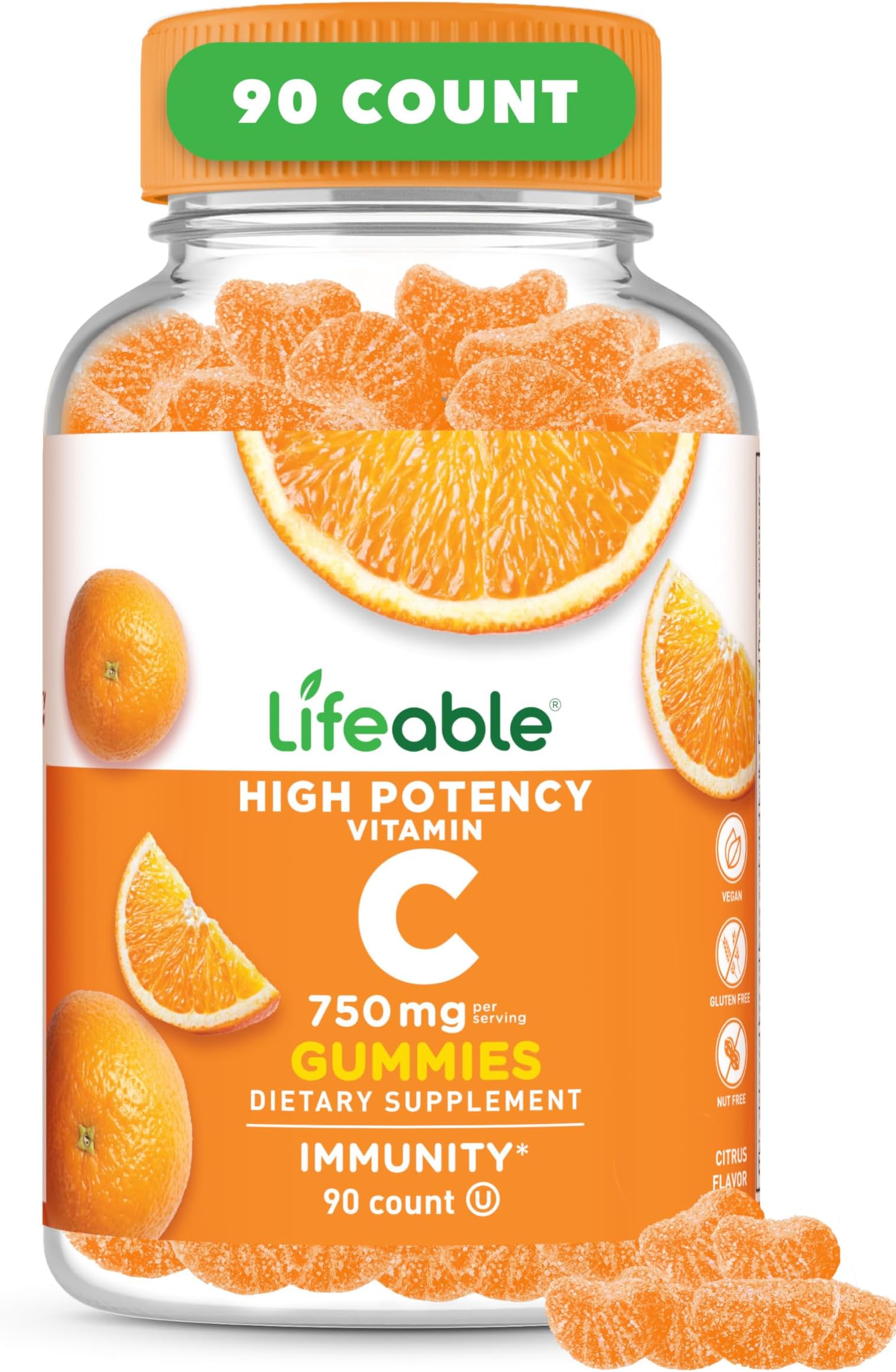 Lifeable Vitamin C Gummies for Adults | 750mg | Great Tasting Orange Flavor VIT C | Vegan Non GMO Vitamin C Chewable | for Immune Support | 90 Gummies